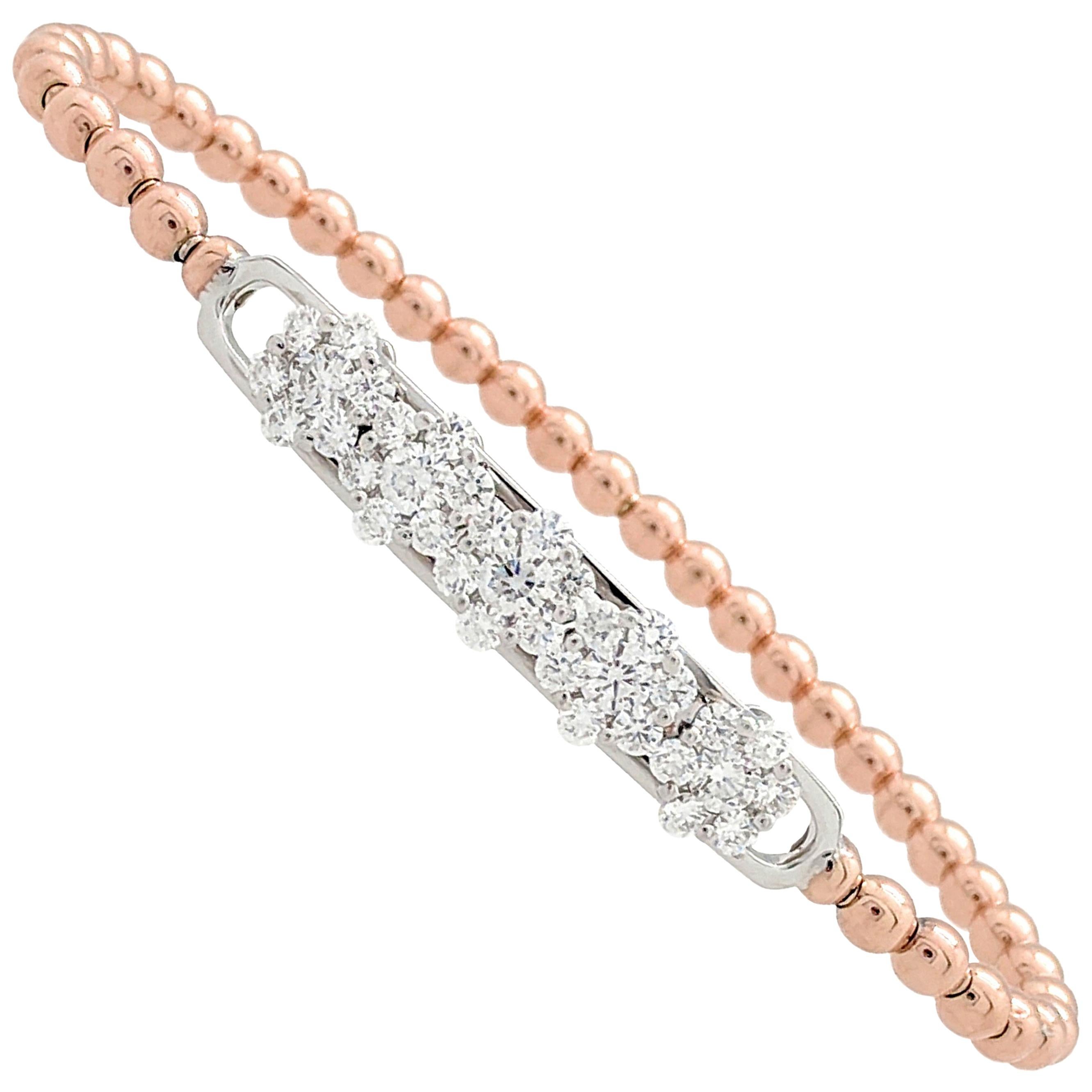 18k Rose & White Gold 1.41ctw Floating Diamond Stretchable Beaded Bracelet