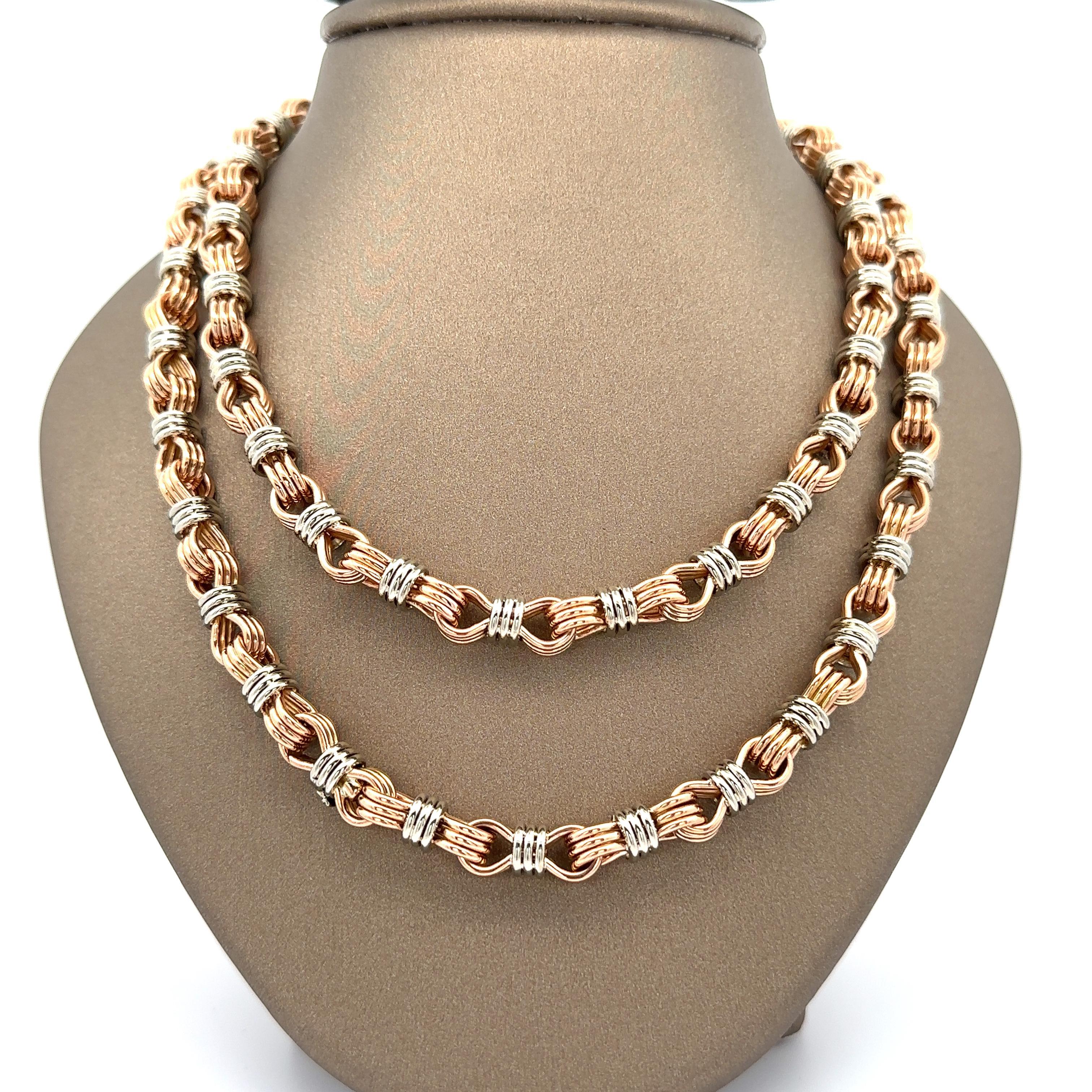 da uomo o donna Collana a catena intrecciata a filo fatta a mano in oro bianco rosa 18k, lunga 38