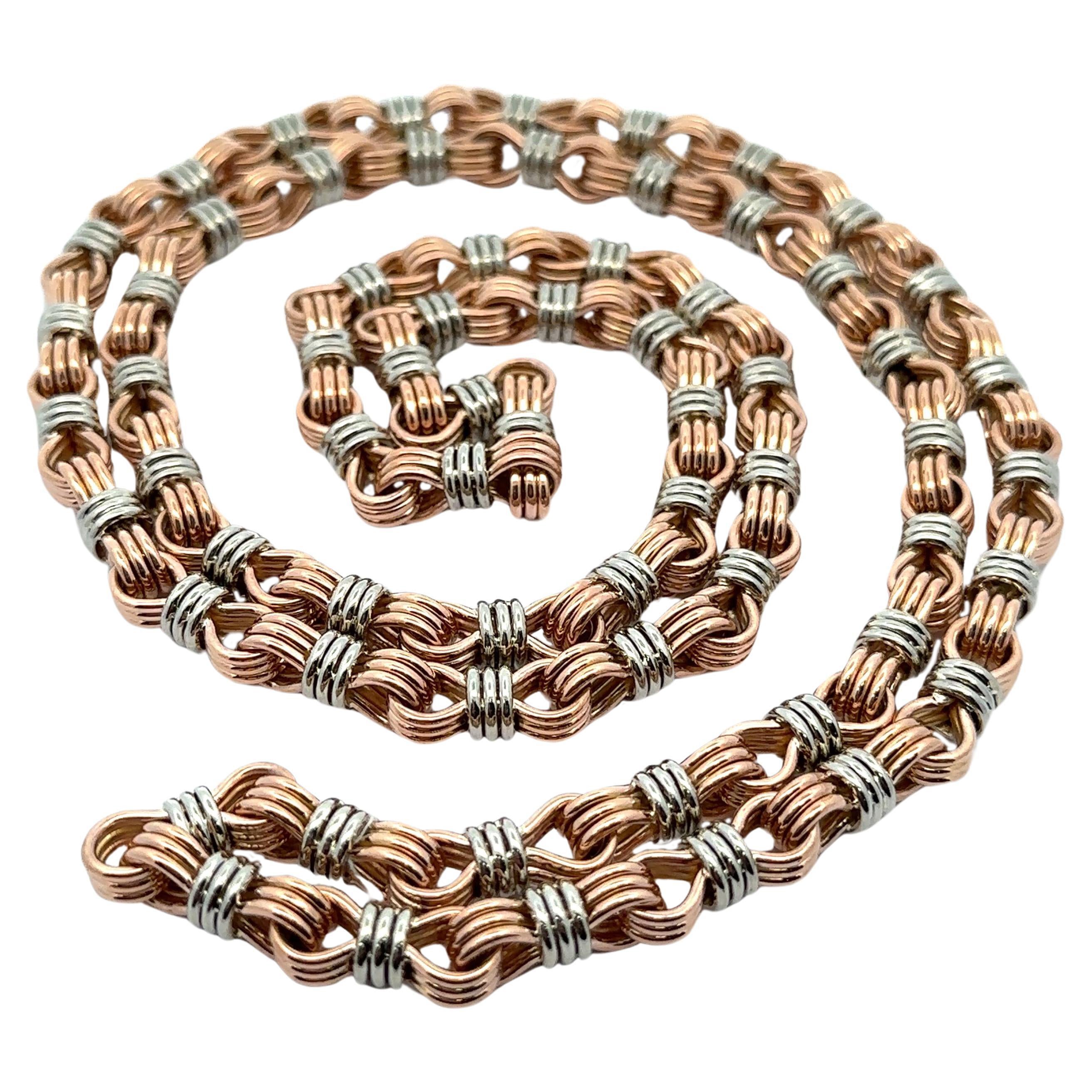 Collar de cadena entrelazada hecha a mano de oro blanco rosa de 18 quilates y 38 pulgadas de largo en venta