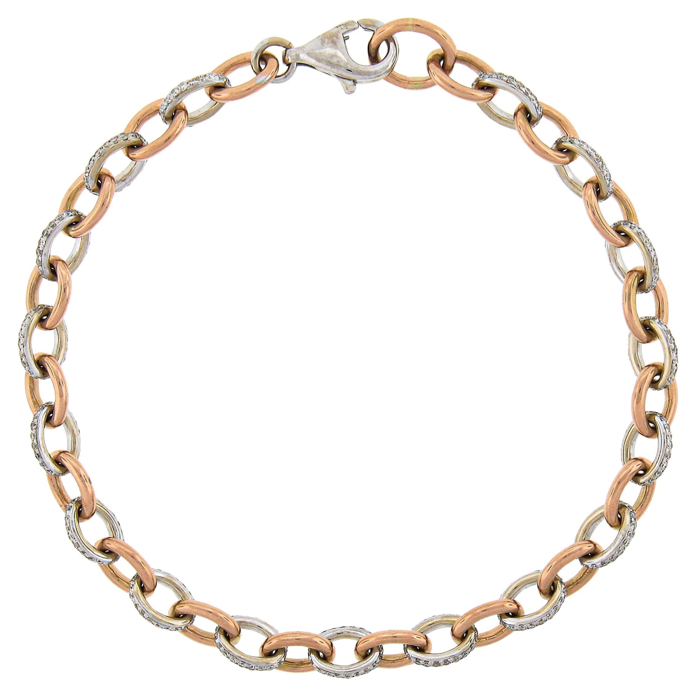 Bracelet en or rose et blanc 18K 7.25" Open Oval Link w/ 1ctw Pave Diamonds Links