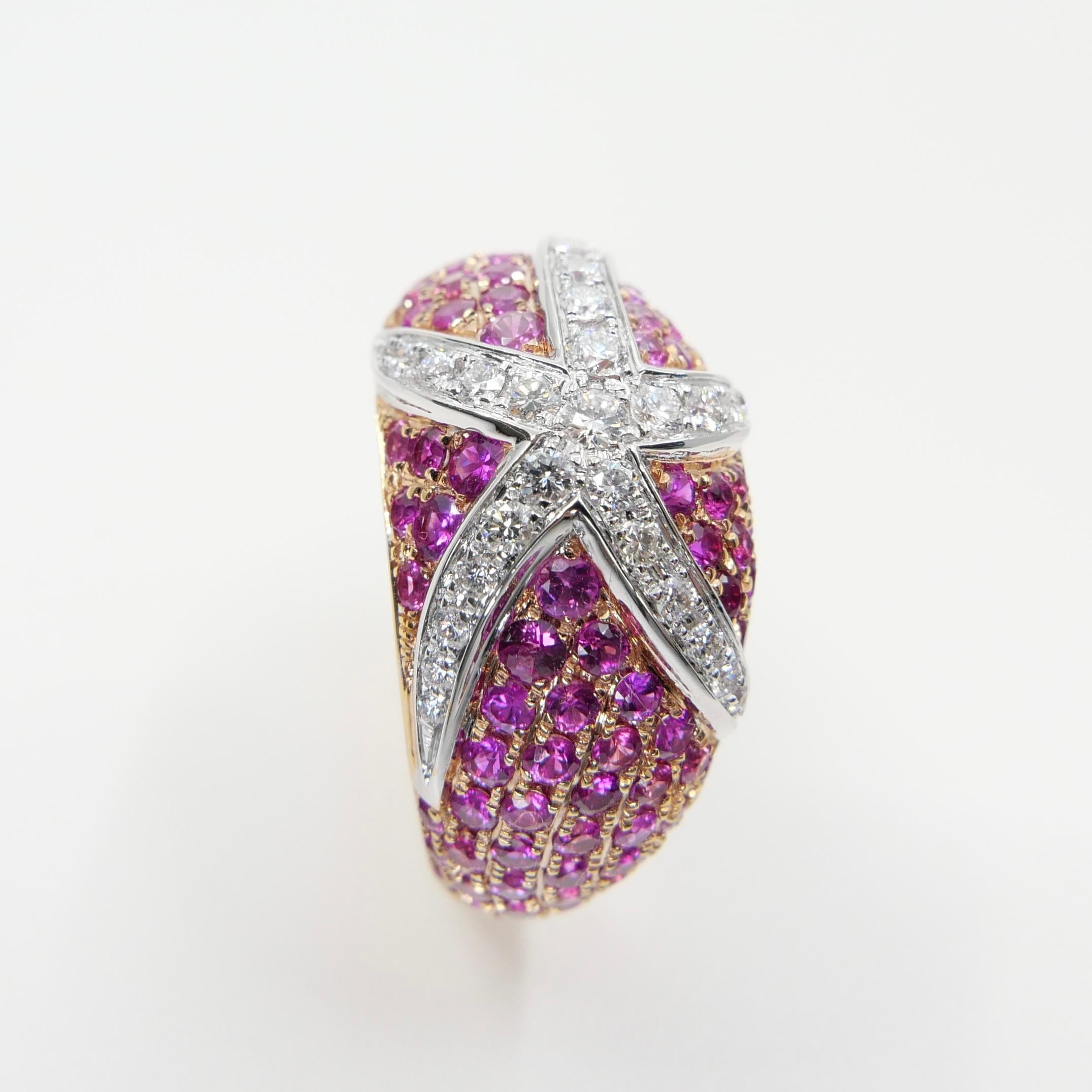 18K Rose & White Gold, Diamond & Pink Sapphire Starfish Cluster Dome Ring In New Condition For Sale In Hong Kong, HK