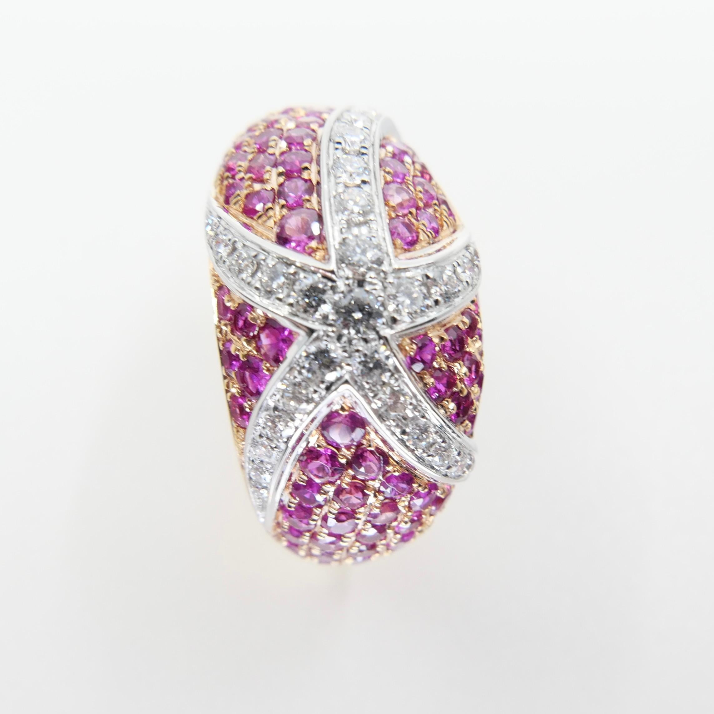 18K Rose & White Gold, Diamond & Pink Sapphire Starfish Cluster Dome Ring For Sale 2