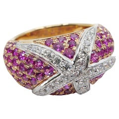 18K Rose & White Gold, Diamond & Pink Sapphire Starfish Cluster Dome Ring