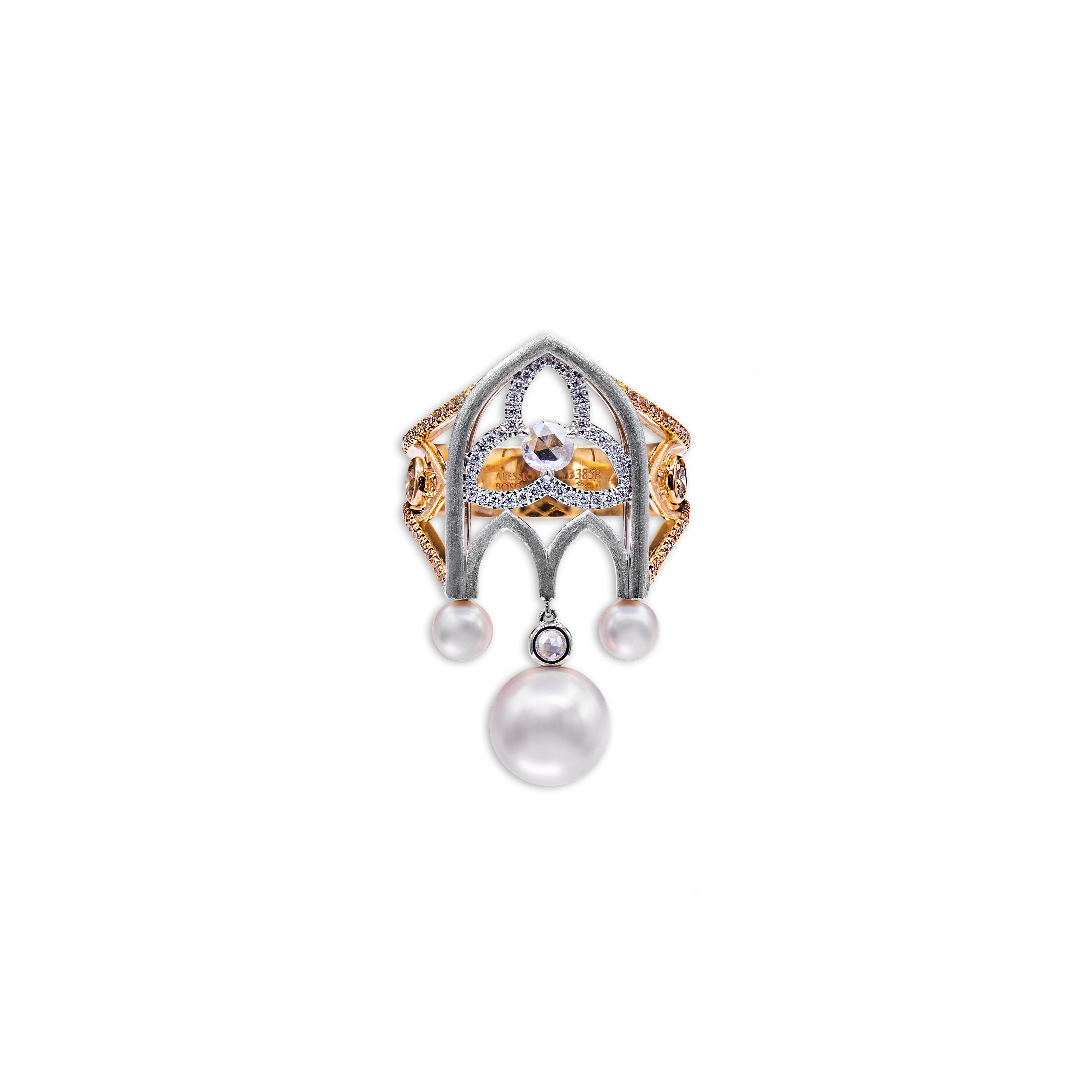 Ensemble collier, boucles d'oreilles et bague en or rose/blanc 18 carats, diamants et perles Akoya Pour femmes en vente