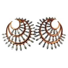 18k Rose & White Gold Italian Crescent Moon Diamond Sunburst Earrings  8.50 CTW