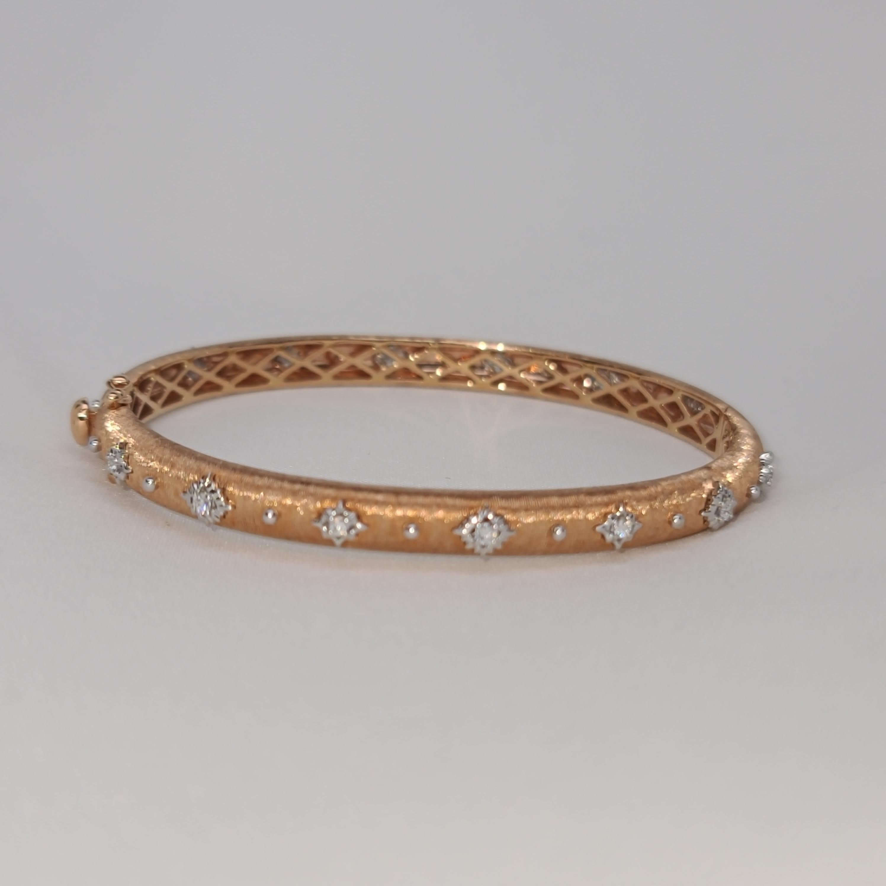 18 Karat Rose White Gold Link Bangle with Diamonds in Florentine Italian Finish In New Condition In Hong Kong, HK