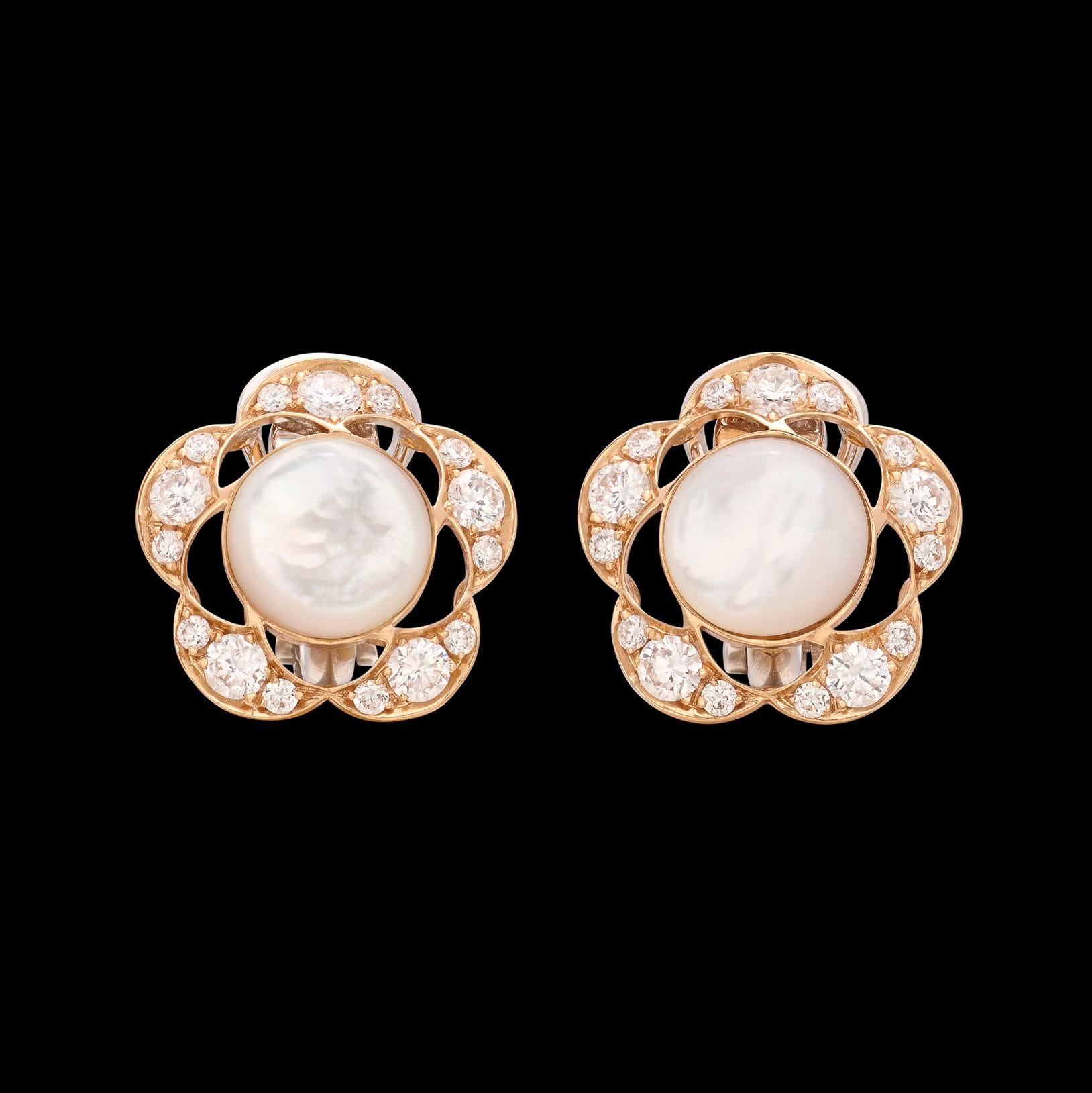 18k Rose & White Gold Mother of Pearl & Diamond Earrings In Excellent Condition For Sale In San Francisco, CA