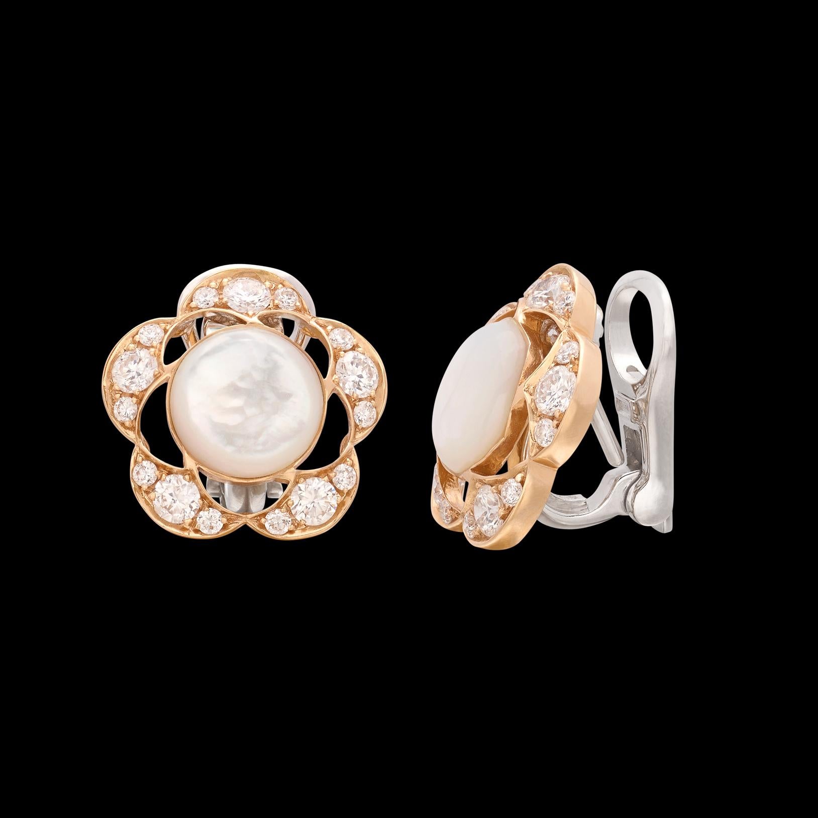 18k Rose & White Gold Mother of Pearl & Diamond Earrings For Sale 1