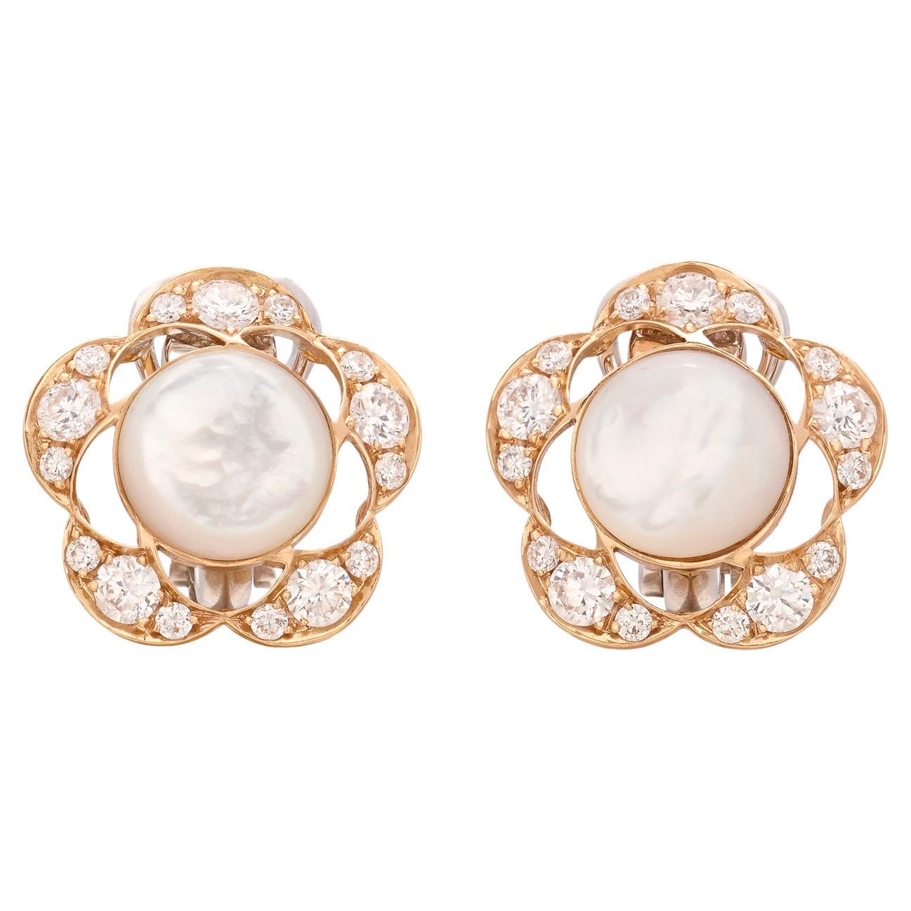 18k Rose & White Gold Mother of Pearl & Diamond Earrings For Sale