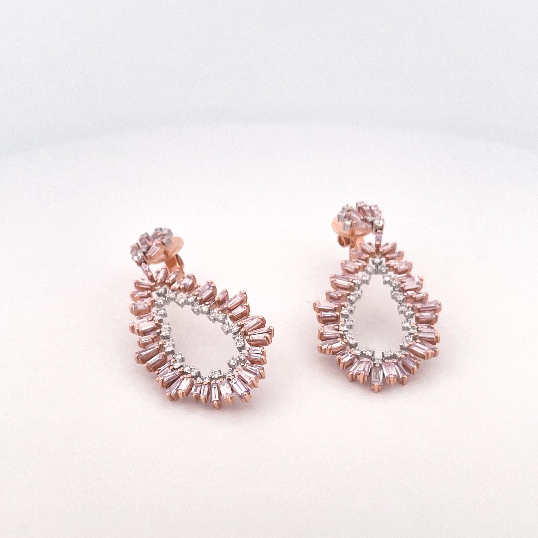 18k Rose & White Gold Purple Pink Diamond Pear Shape Earrings For Sale 4