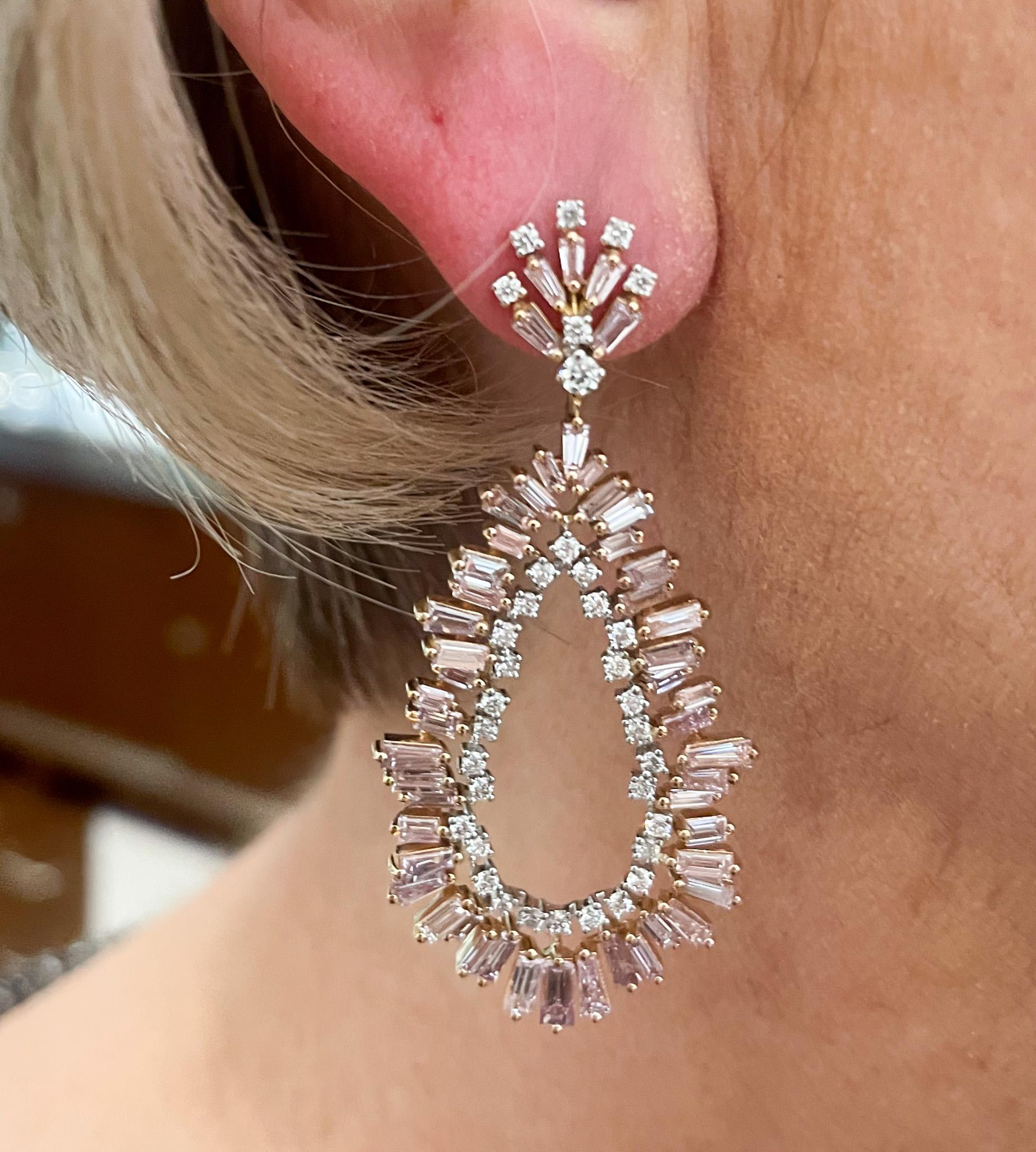 18k Rose & White Gold Purple Pink Diamond Pear Shape Earrings For Sale 5