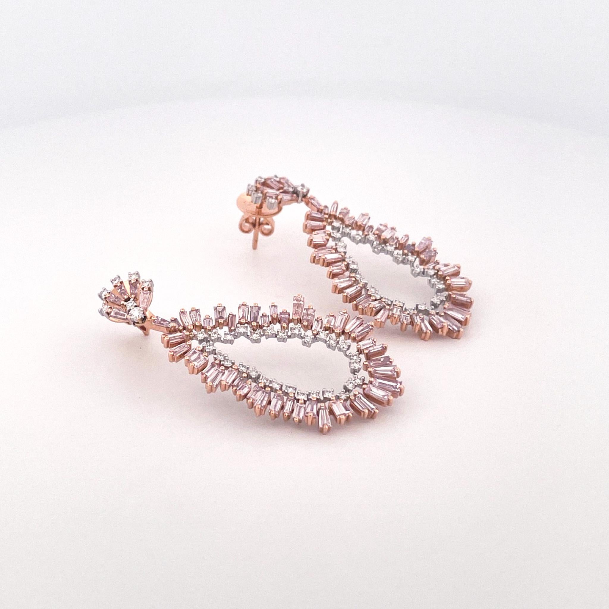18k Rose & White Gold Purple Pink Diamond Pear Shape Earrings For Sale 3
