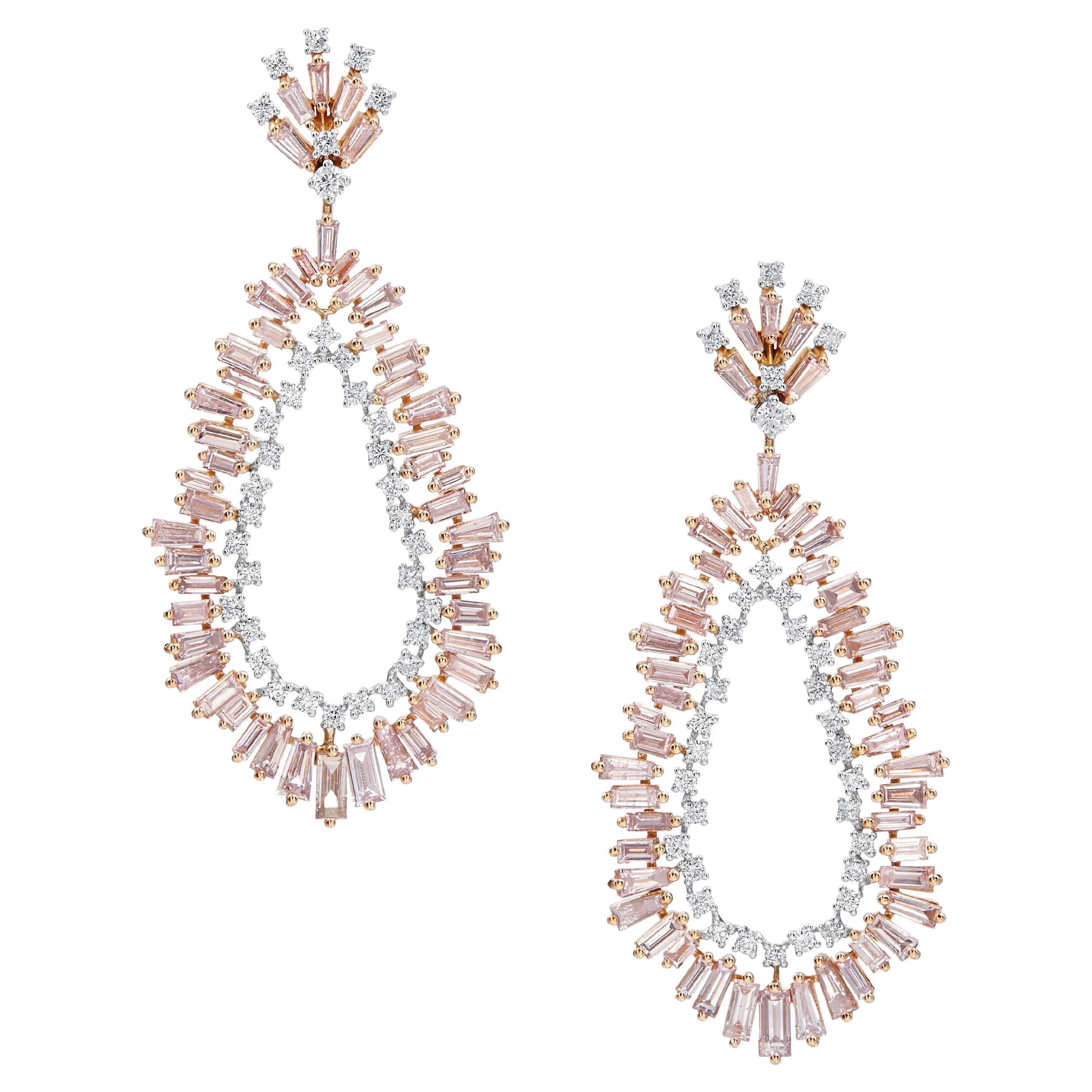 18k Rose & White Gold Purple Pink Diamond Pear Shape Earrings For Sale
