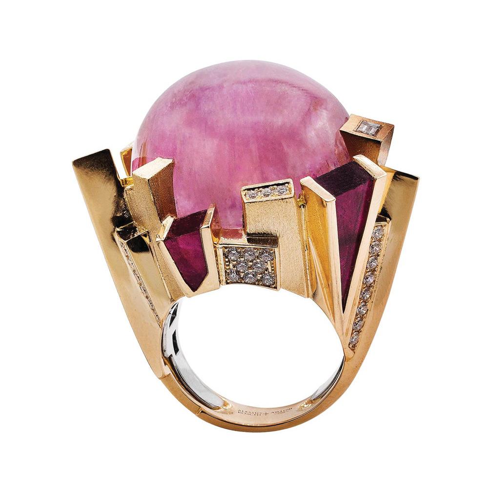 Bague en or rose/blanc 18 carats, diamants blancs, rubellite et kunzite en vente