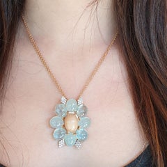 18k Rose White Gold with Aquamarine Milk Moonstone and White Diamonds Pendant