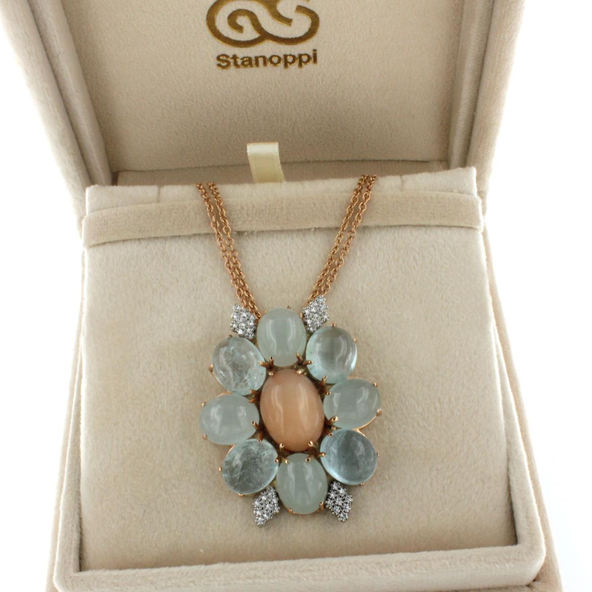 18k Rose White Gold with Aquamarine Milk Moonstone and White Diamonds Pendant In New Condition For Sale In GALLARATE, IT