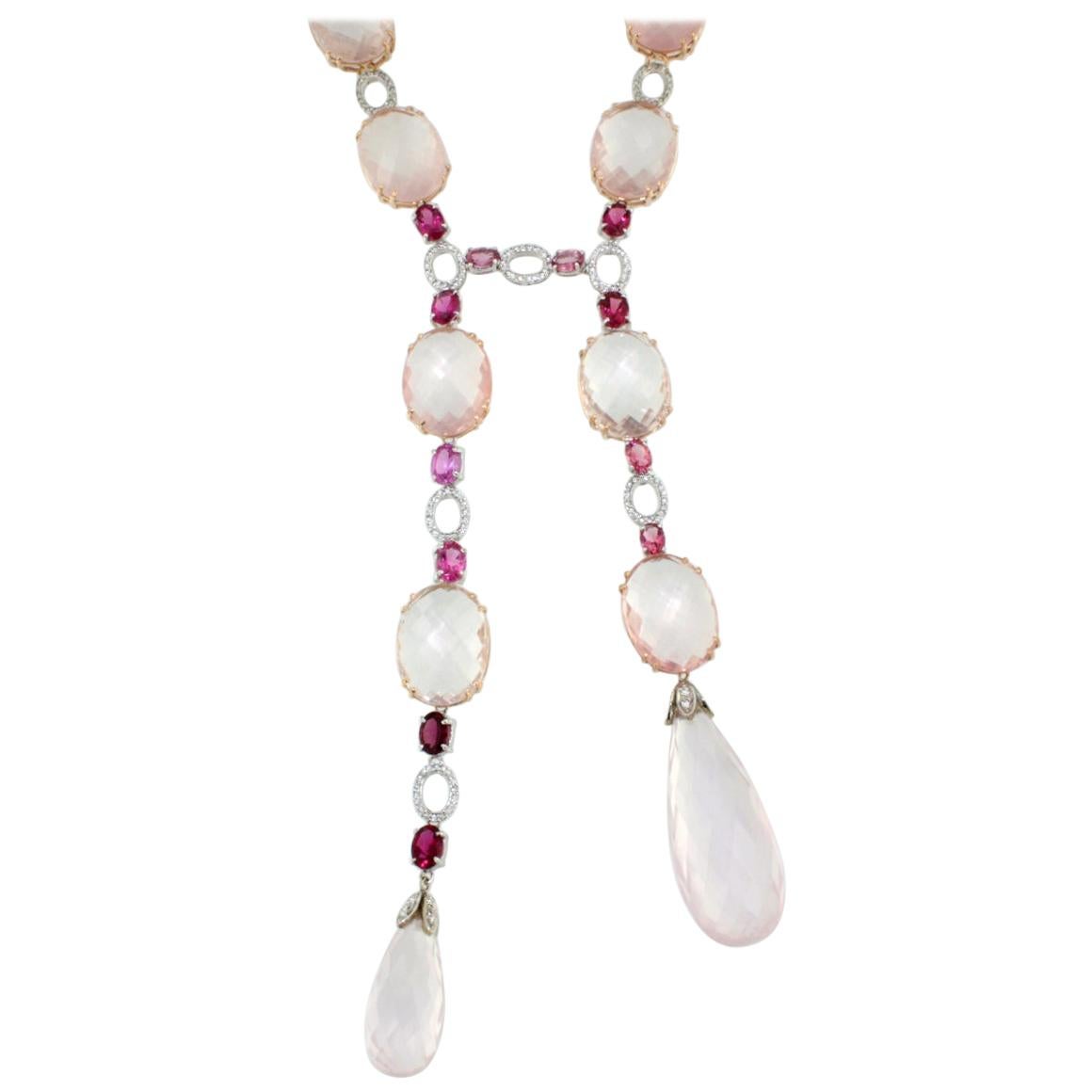 Pink Tourmaline Quartz Moonstone Diamond gold Necklace For Sale at 1stDibs