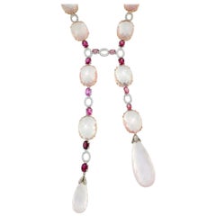 18k Rose White Gold with Pink Quartz Pink Tourmaline and White Diamonds Necklace
