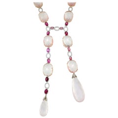 18k Rose White Gold with Pink Quartz Pink Tourmaline and White Diamonds Necklace