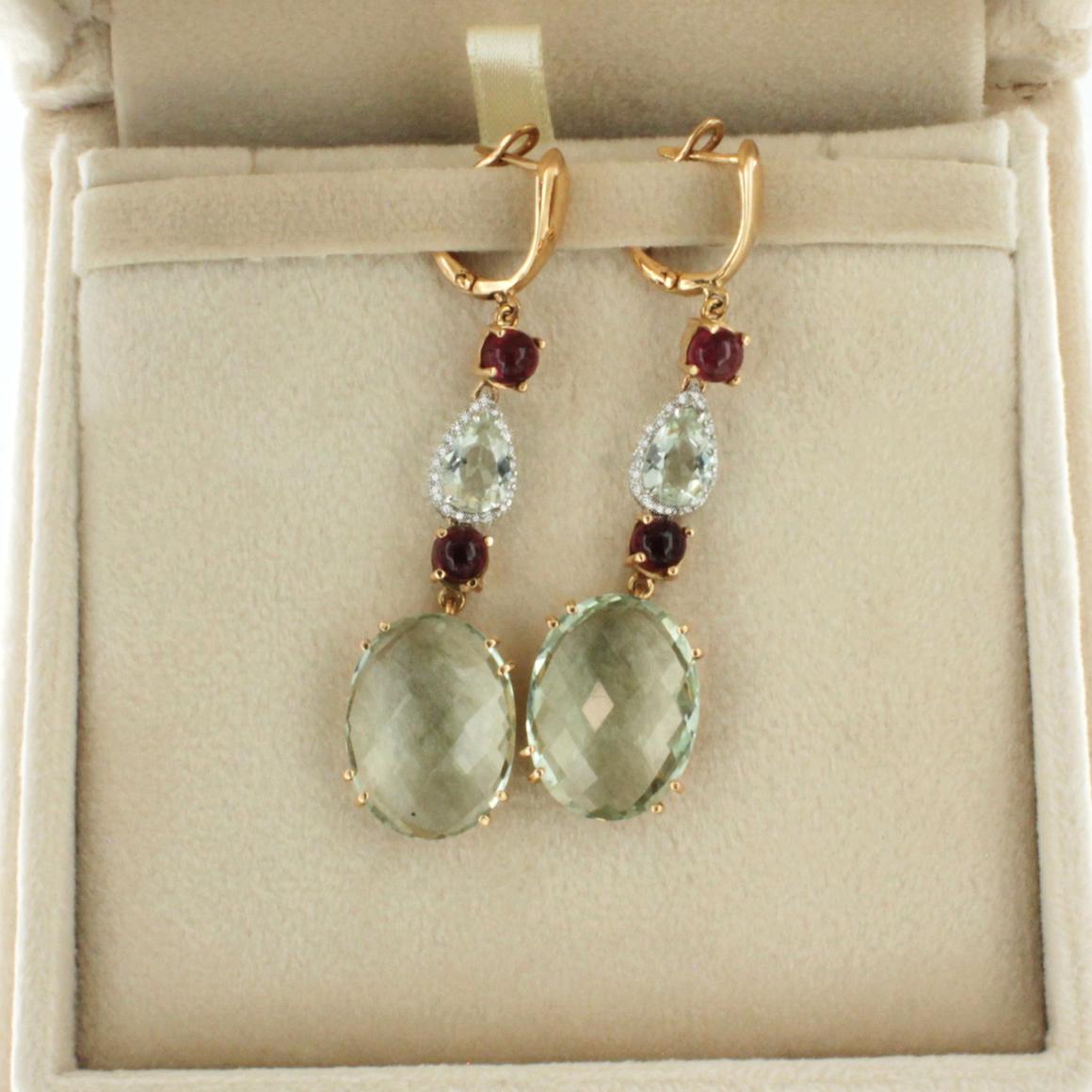 Oval Cut 18k Rose White Gold with Prasiolite Pink Tourmaline and White Diamonds Earrings