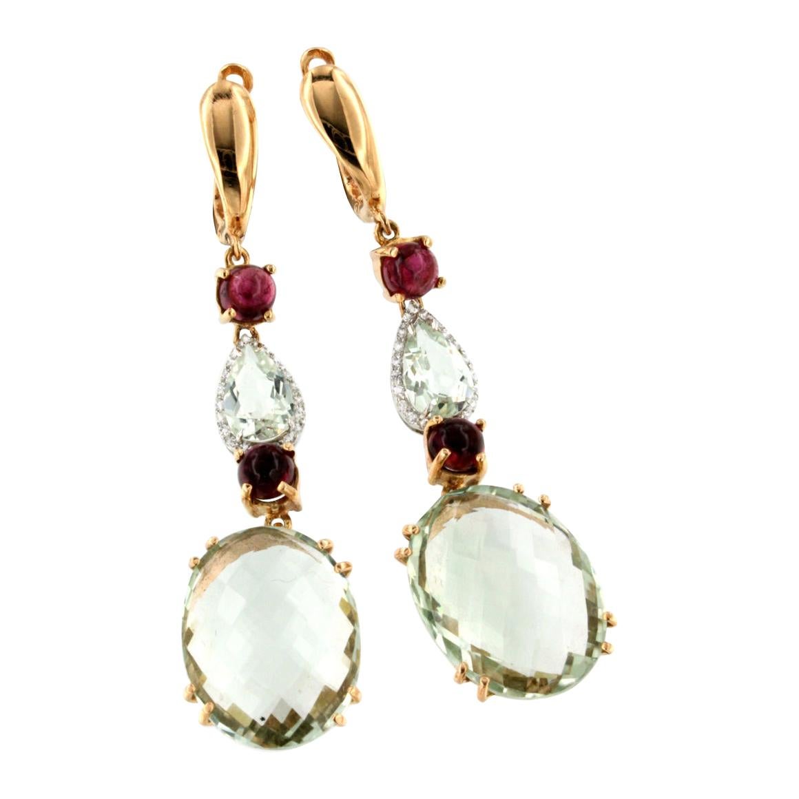 18k Rose White Gold with Prasiolite Pink Tourmaline and White Diamonds Earrings