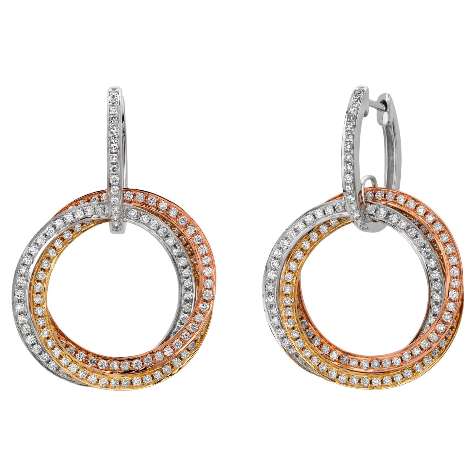 Orecchini a goccia a cerchio intrecciato in oro giallo bianco rosa 18K con diamante da 1,95 carati in vendita