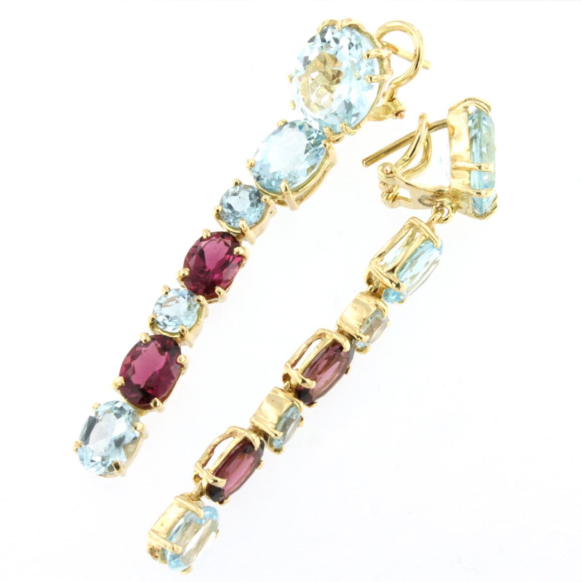 Modern 18k Rose Yellow Gold with Blue Topaz and Pink Tourmaline Earrings