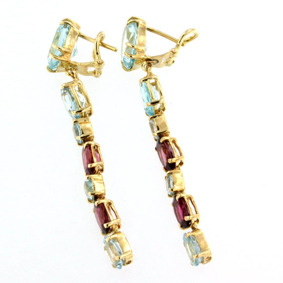 Oval Cut 18k Rose Yellow Gold with Blue Topaz and Pink Tourmaline Earrings