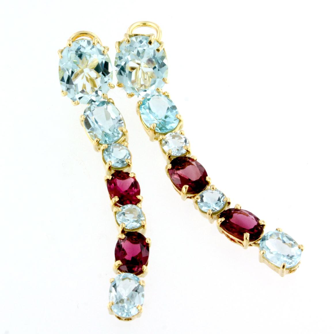 18k Rose Yellow Gold with Blue Topaz and Pink Tourmaline Earrings In New Condition In GALLARATE, IT