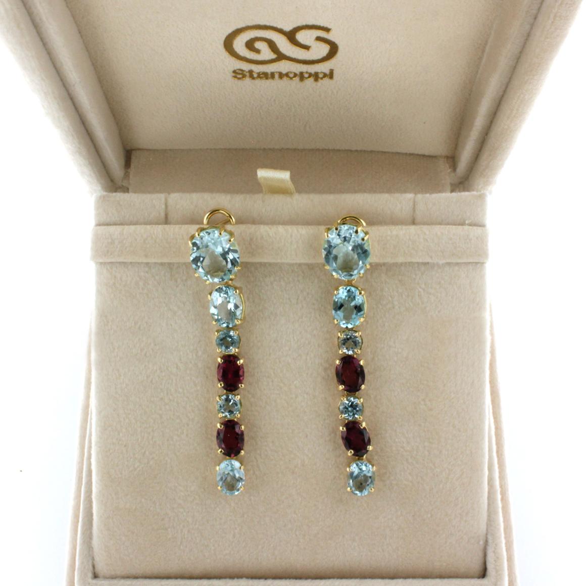 Women's or Men's 18k Rose Yellow Gold with Blue Topaz and Pink Tourmaline Earrings