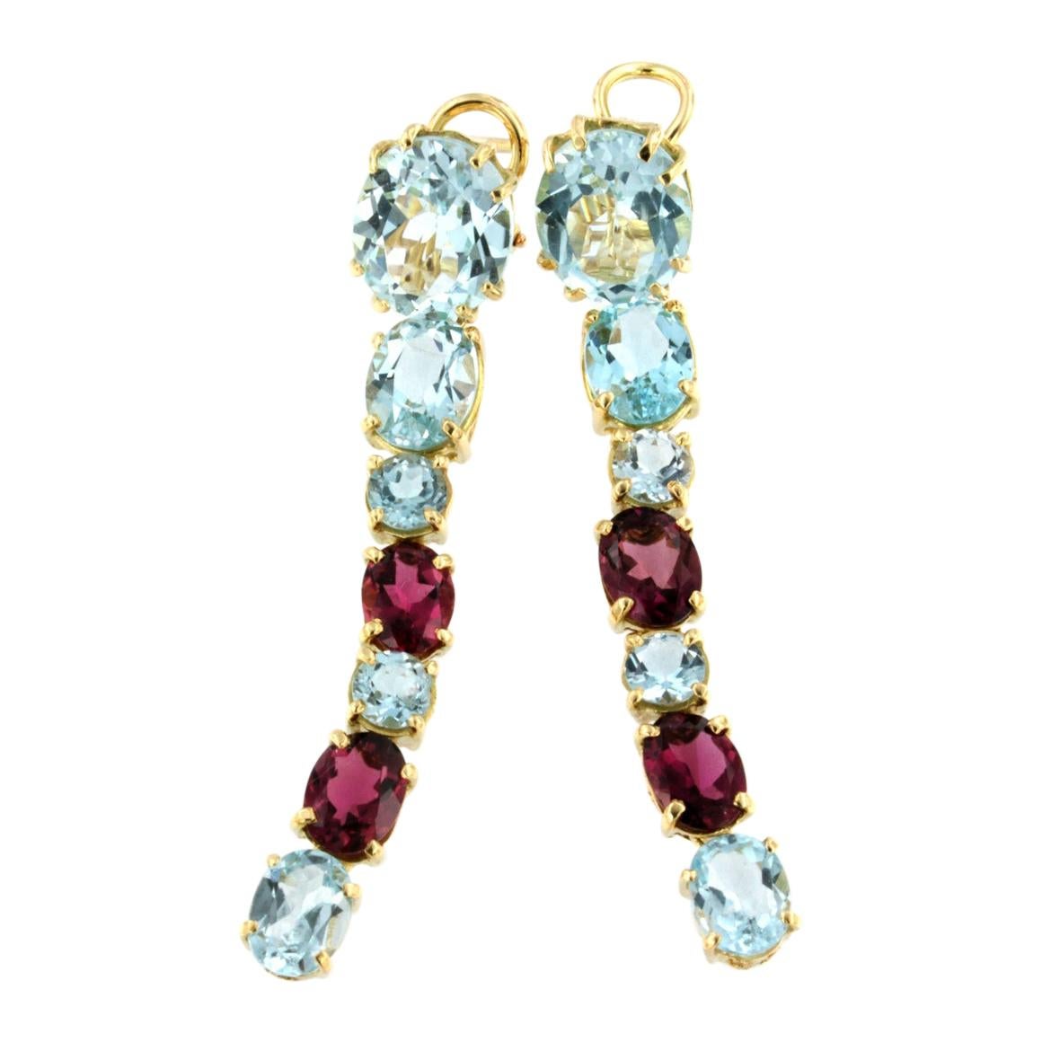 18k Rose Yellow Gold with Blue Topaz and Pink Tourmaline Earrings