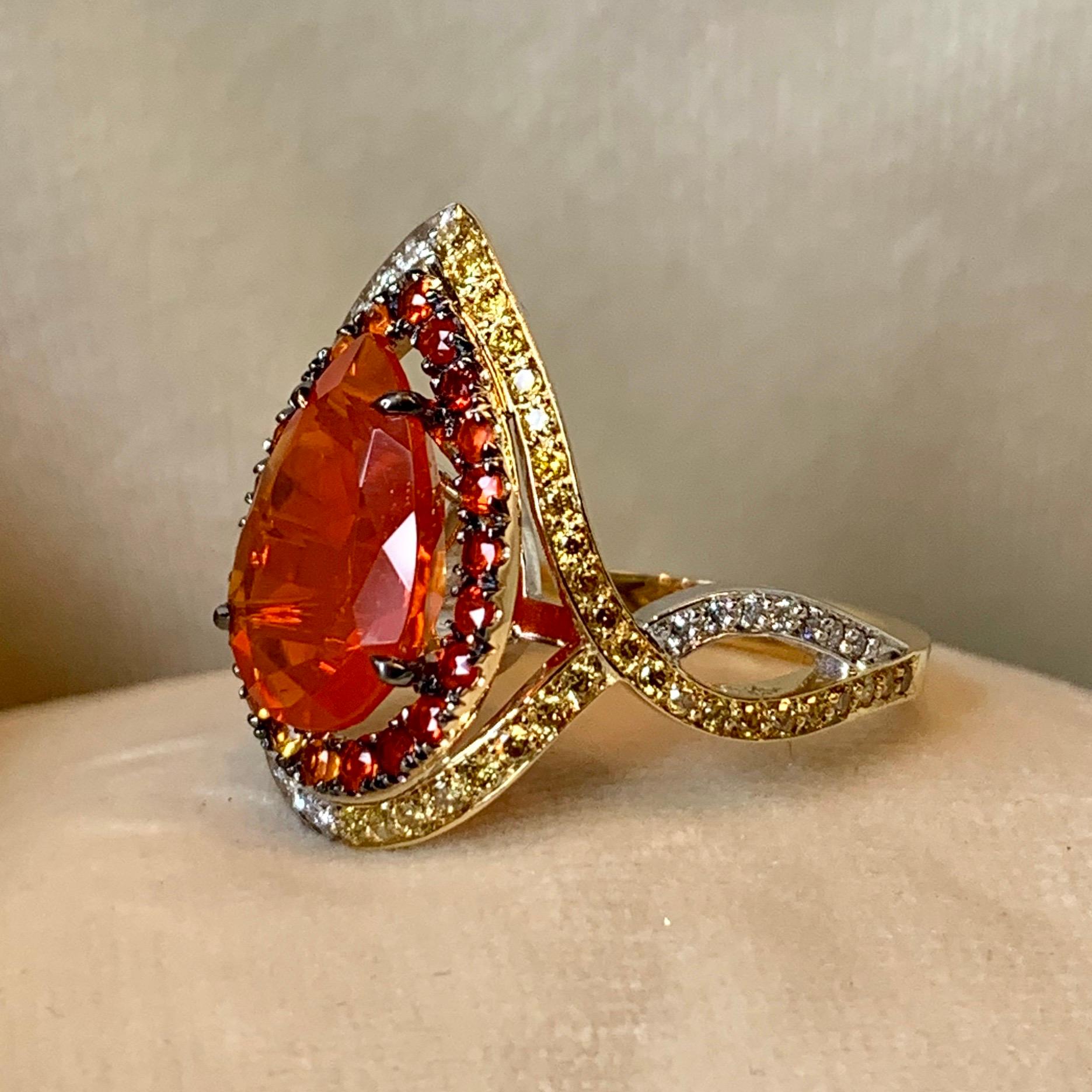 18K Rose, Yellow , White Gold 2, 78 Carat Fire Opal and Diamond Coctail ring 4