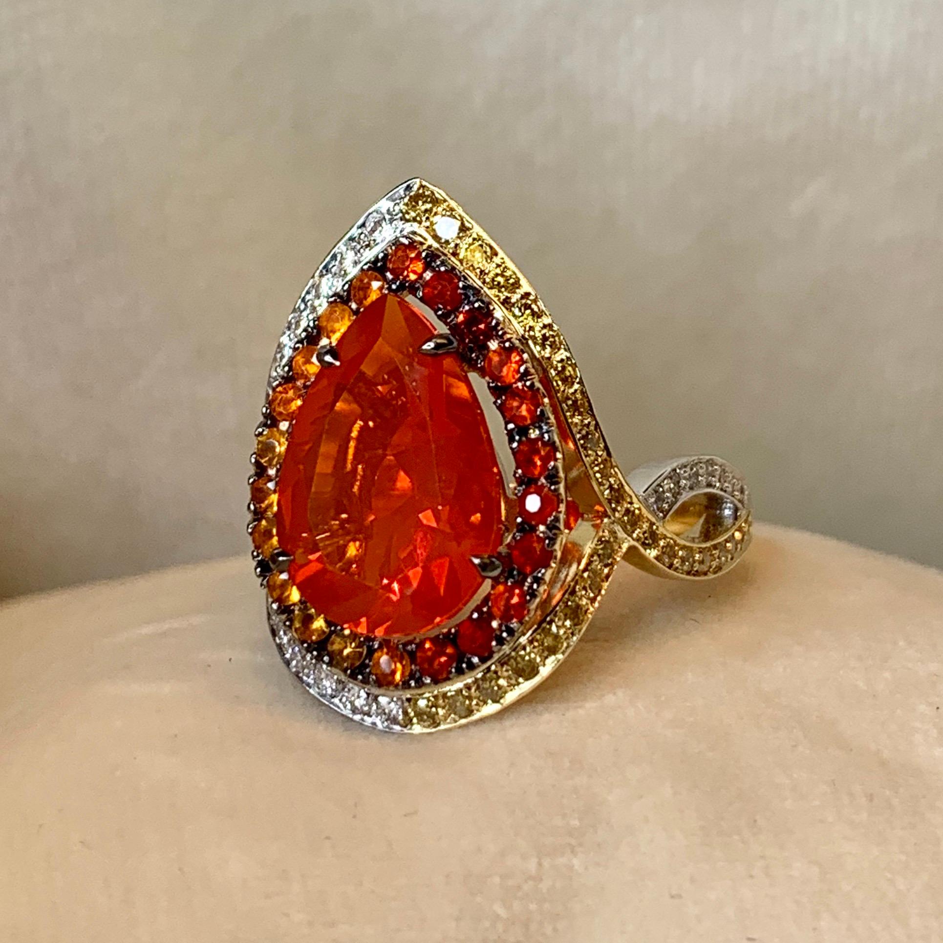 18K Rose, Yellow , White Gold 2, 78 Carat Fire Opal and Diamond Coctail ring 5