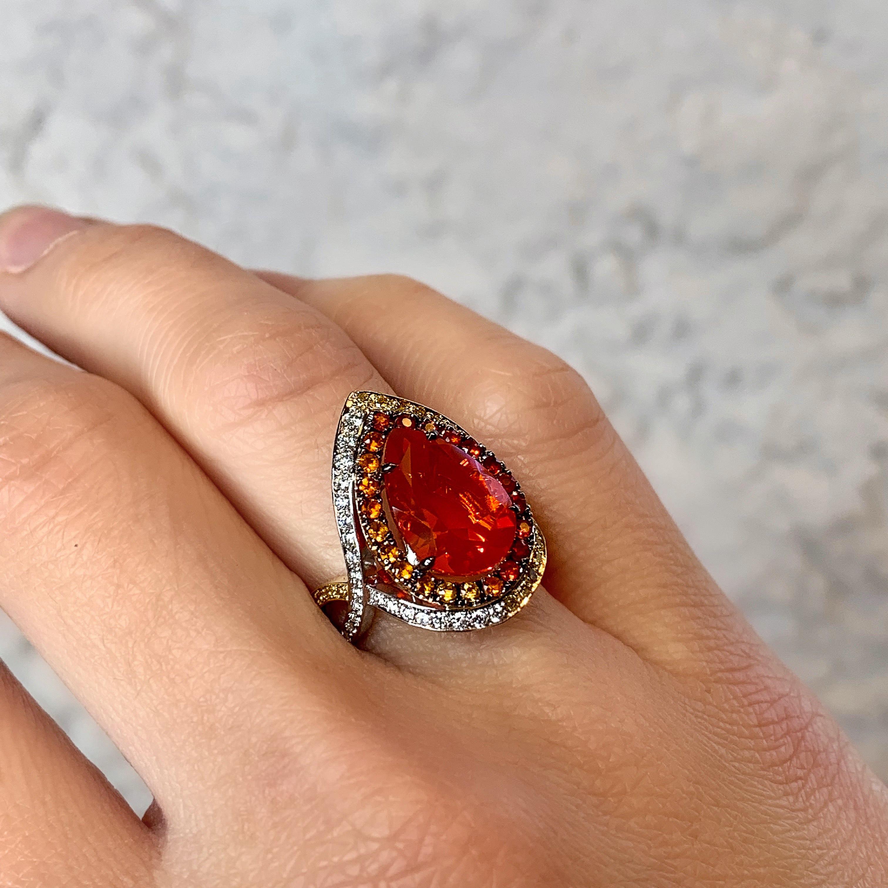 18K Rose, Yellow , White Gold 2, 78 Carat Fire Opal and Diamond Coctail ring 10