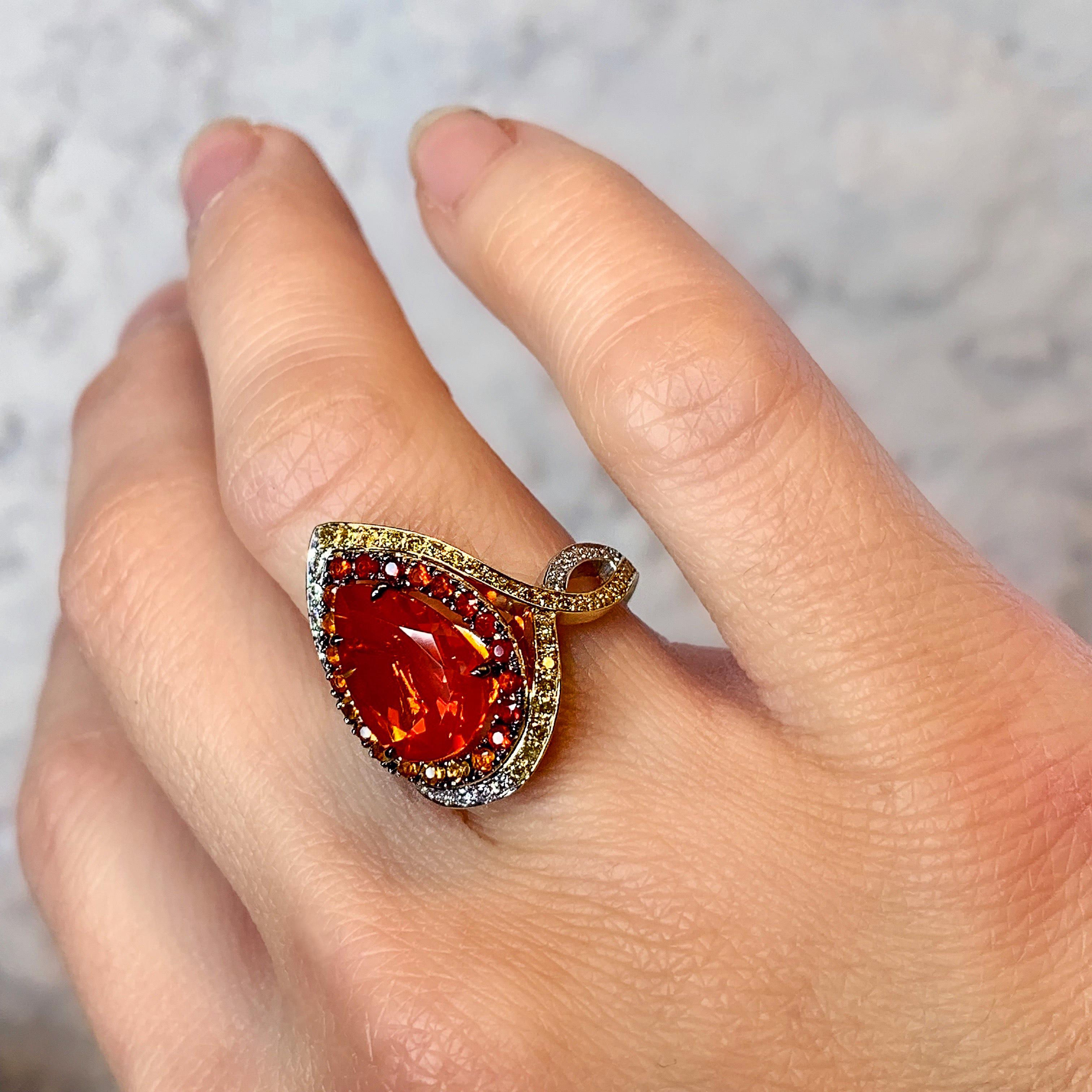 18K Rose, Yellow , White Gold 2, 78 Carat Fire Opal and Diamond Coctail ring 11