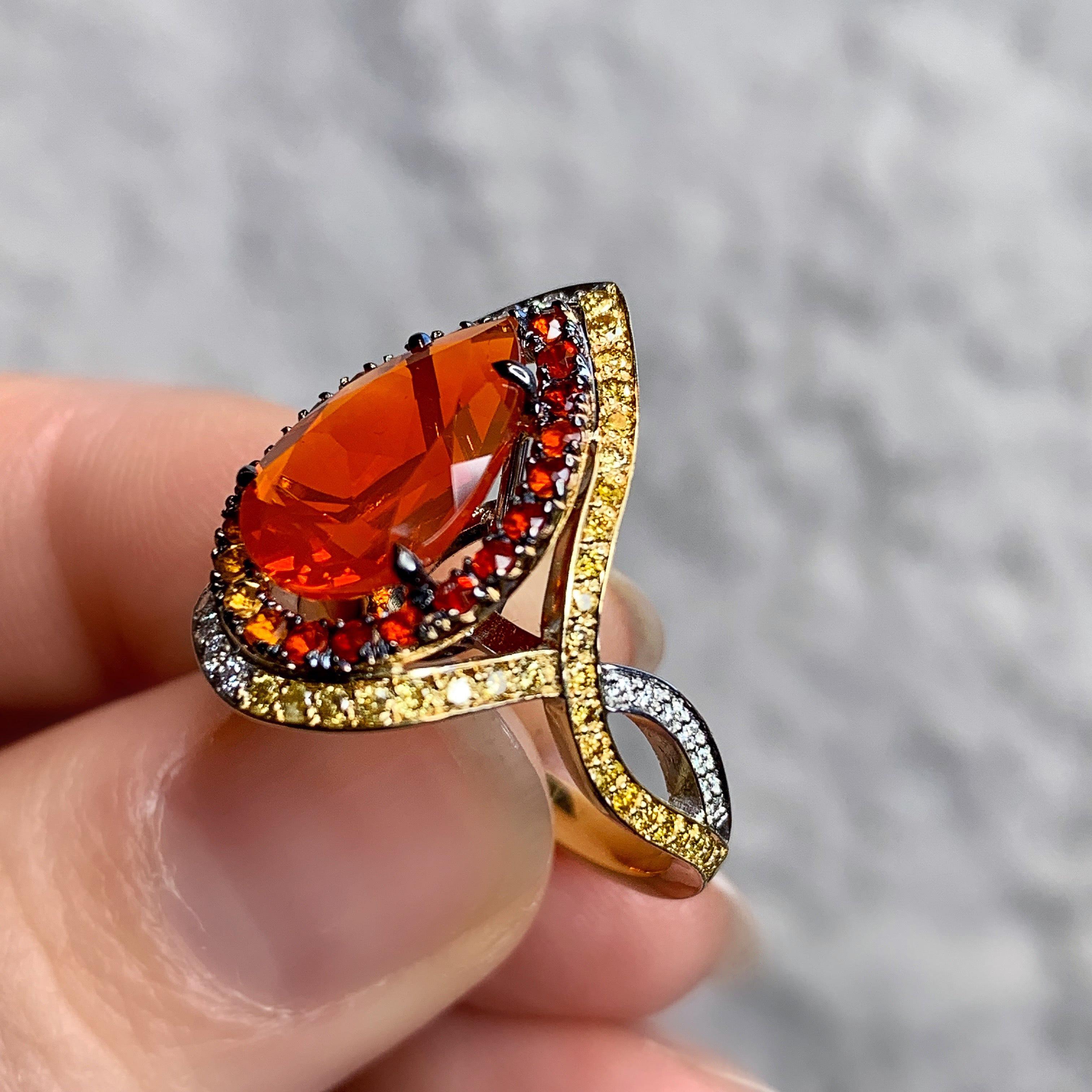 18K Rose, Yellow , White Gold 2, 78 Carat Fire Opal and Diamond Coctail ring 12