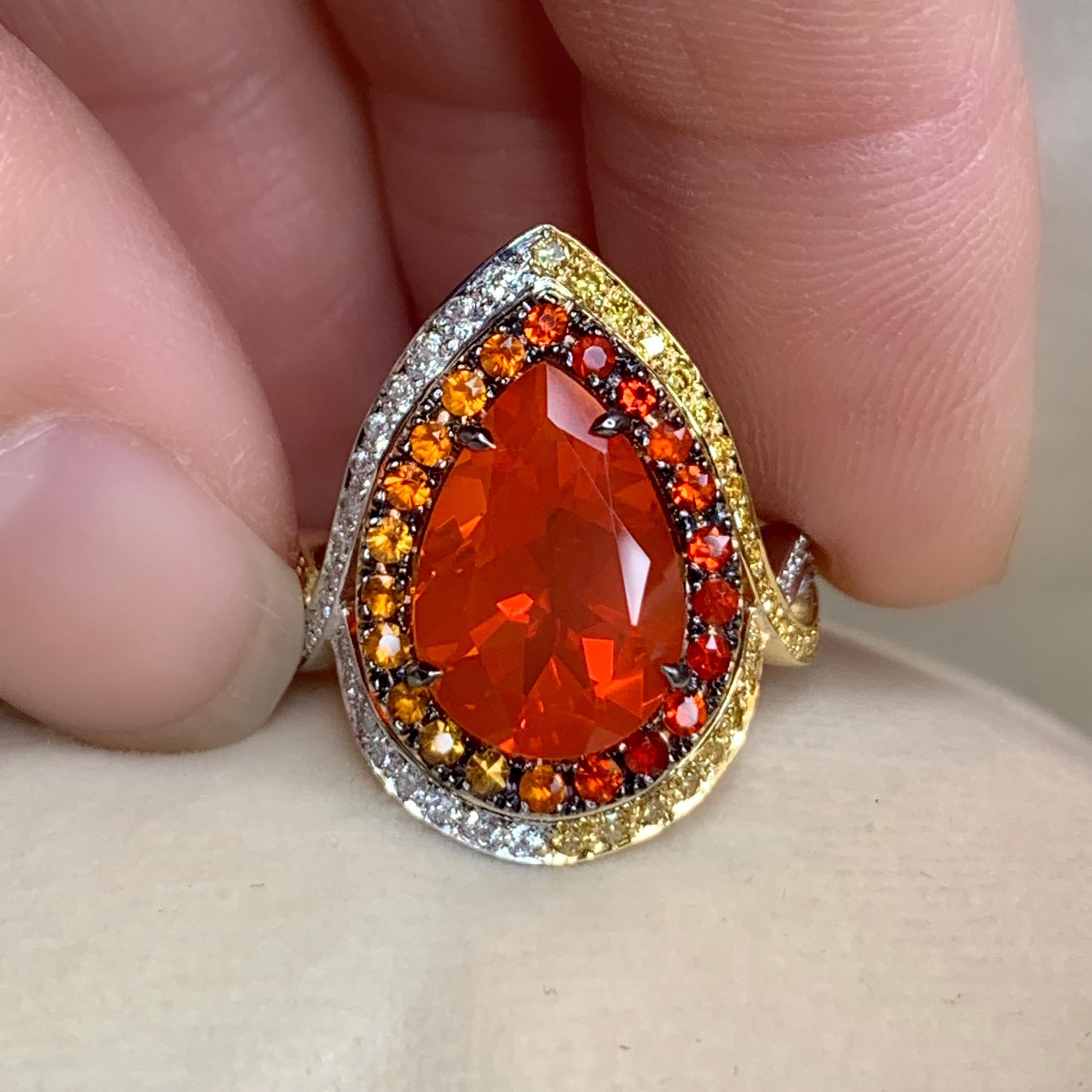 Contemporary 18K Rose, Yellow , White Gold 2, 78 Carat Fire Opal and Diamond Coctail ring