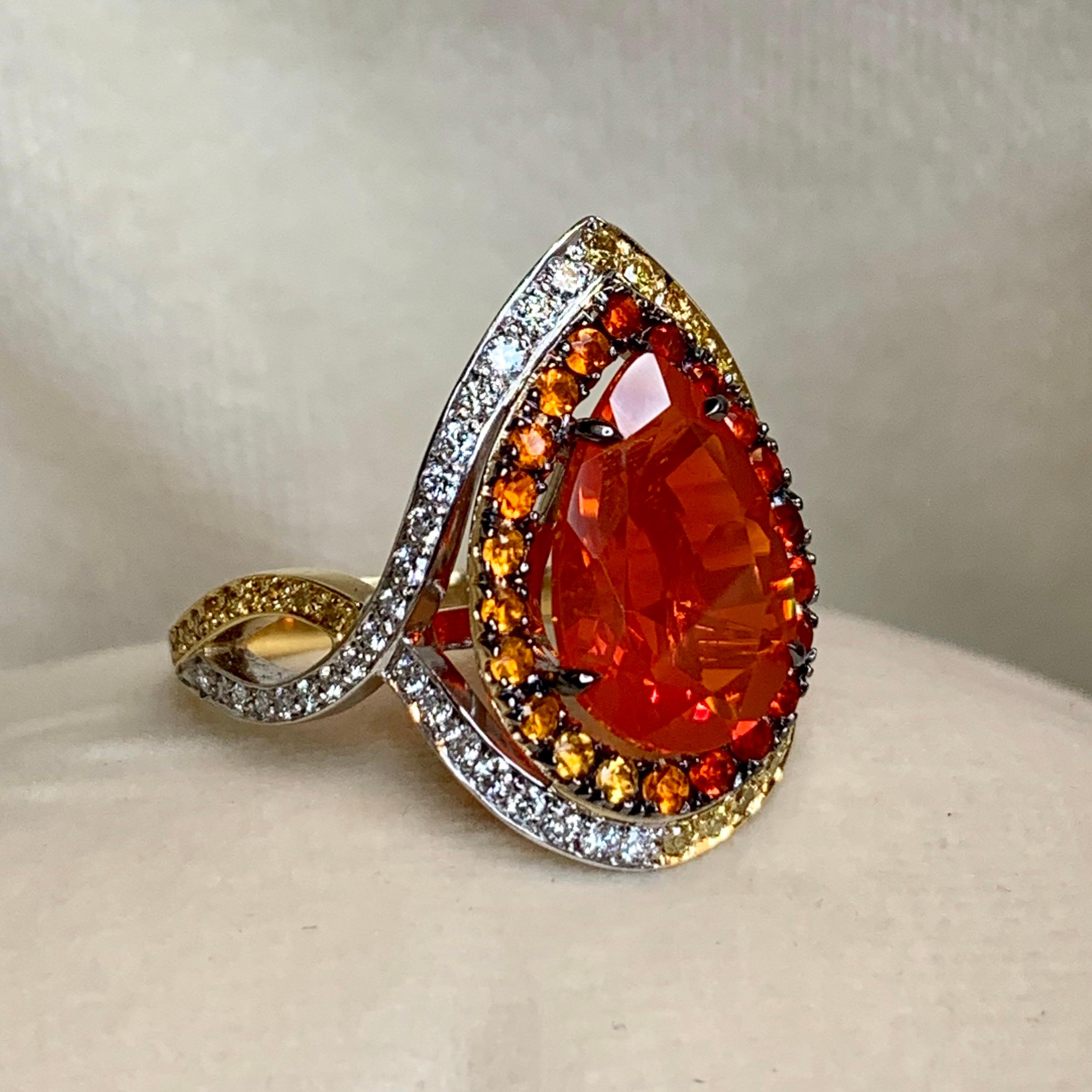 Pear Cut 18K Rose, Yellow , White Gold 2, 78 Carat Fire Opal and Diamond Coctail ring