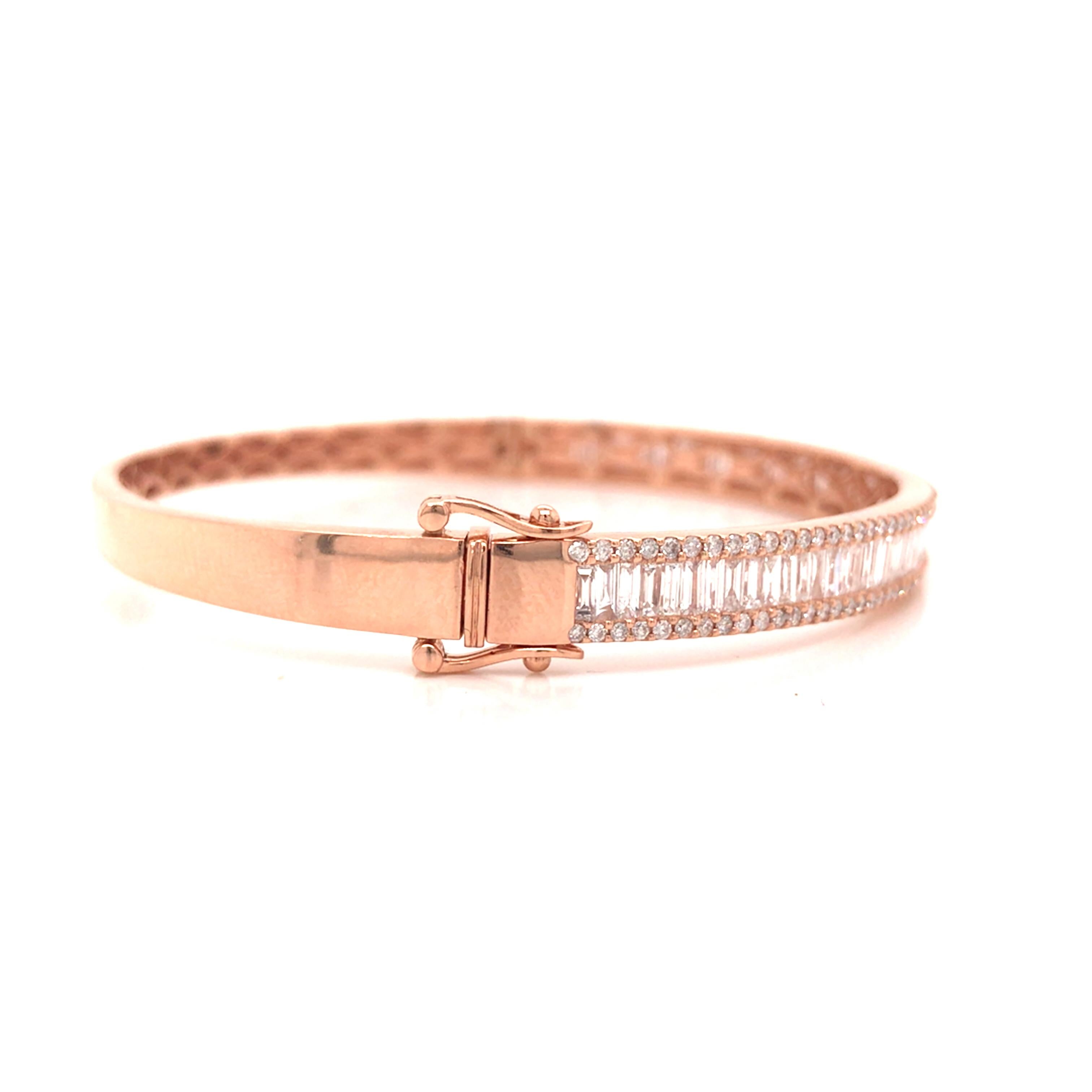 Baguette Cut 18K Round and Baguette Diamond Bangle Rose Gold For Sale