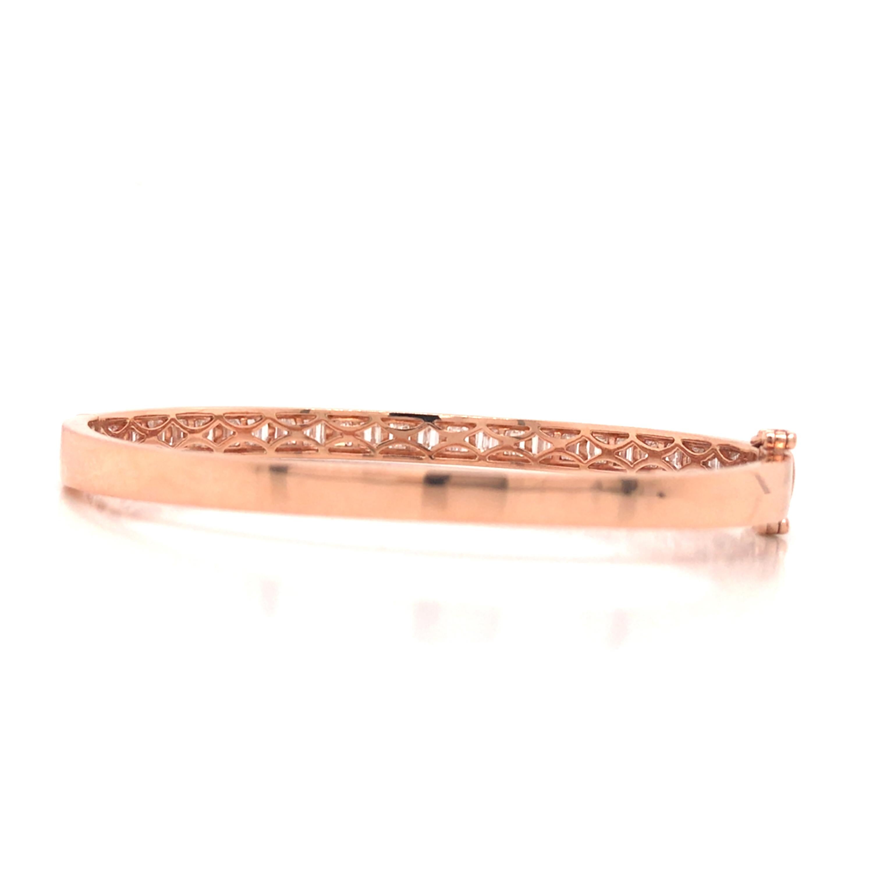 Women's 18K Round and Baguette Diamond Bangle Rose Gold For Sale