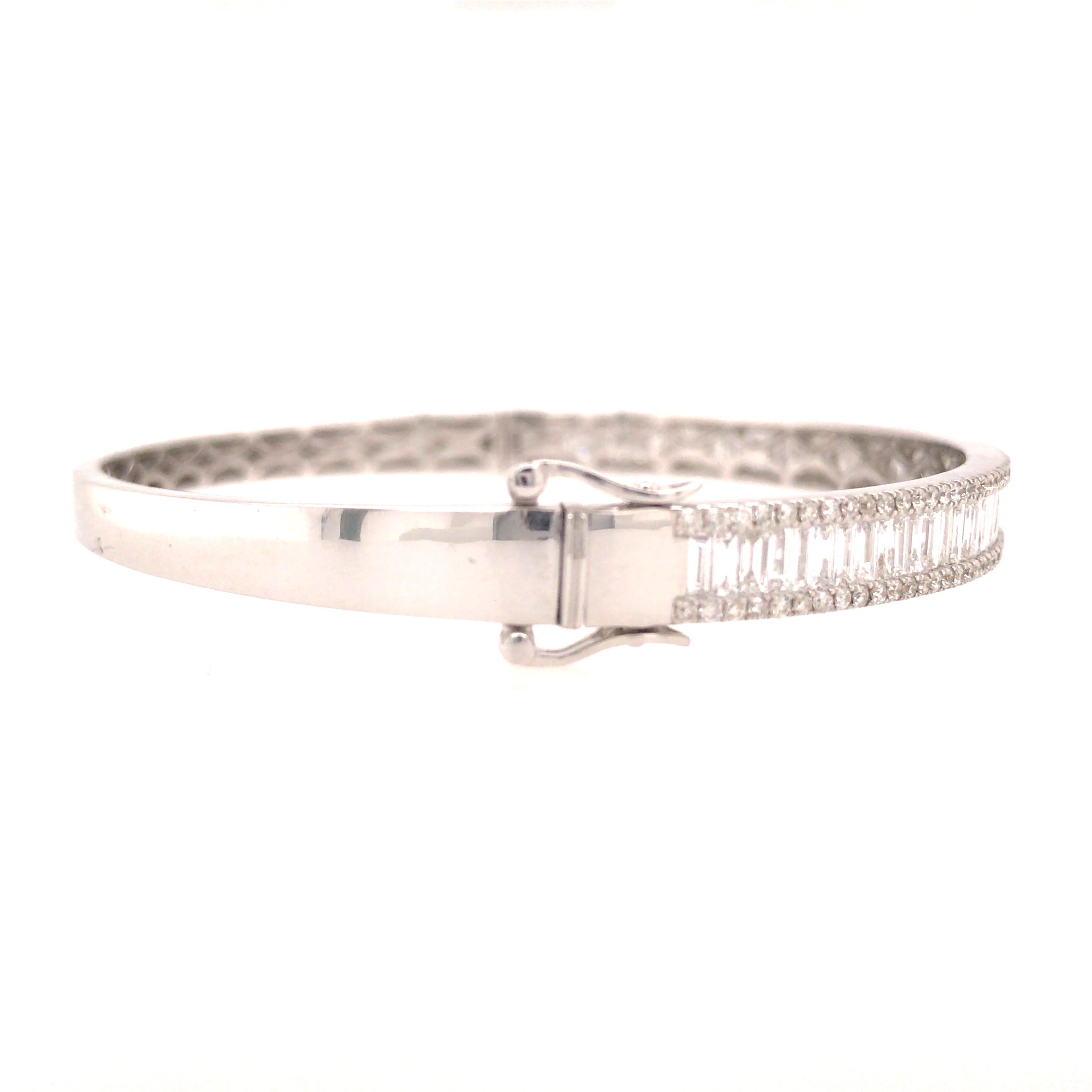 Women's 18 Karat Round and Baguette Diamond Bangle White Gold For Sale