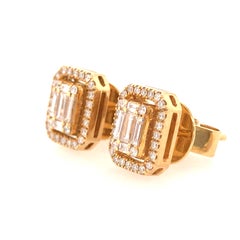 18 Karat Round and Baguette Diamond Cluster Earrings Yellow Gold