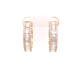18K Round and Baguette Diamond Hoop Earrings Yellow Gold