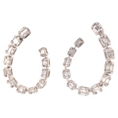18K Round and Baguette Diamond Open Hoop Earring White Gold