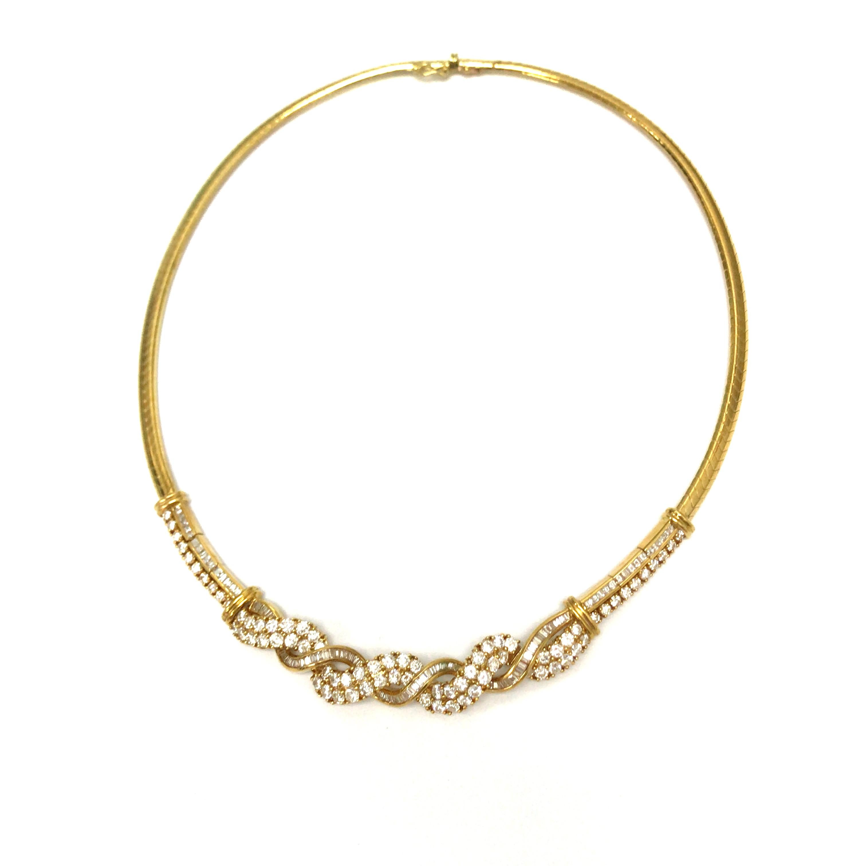 18K Round and Baguette Diamond Twist Necklace Yellow Gold 2