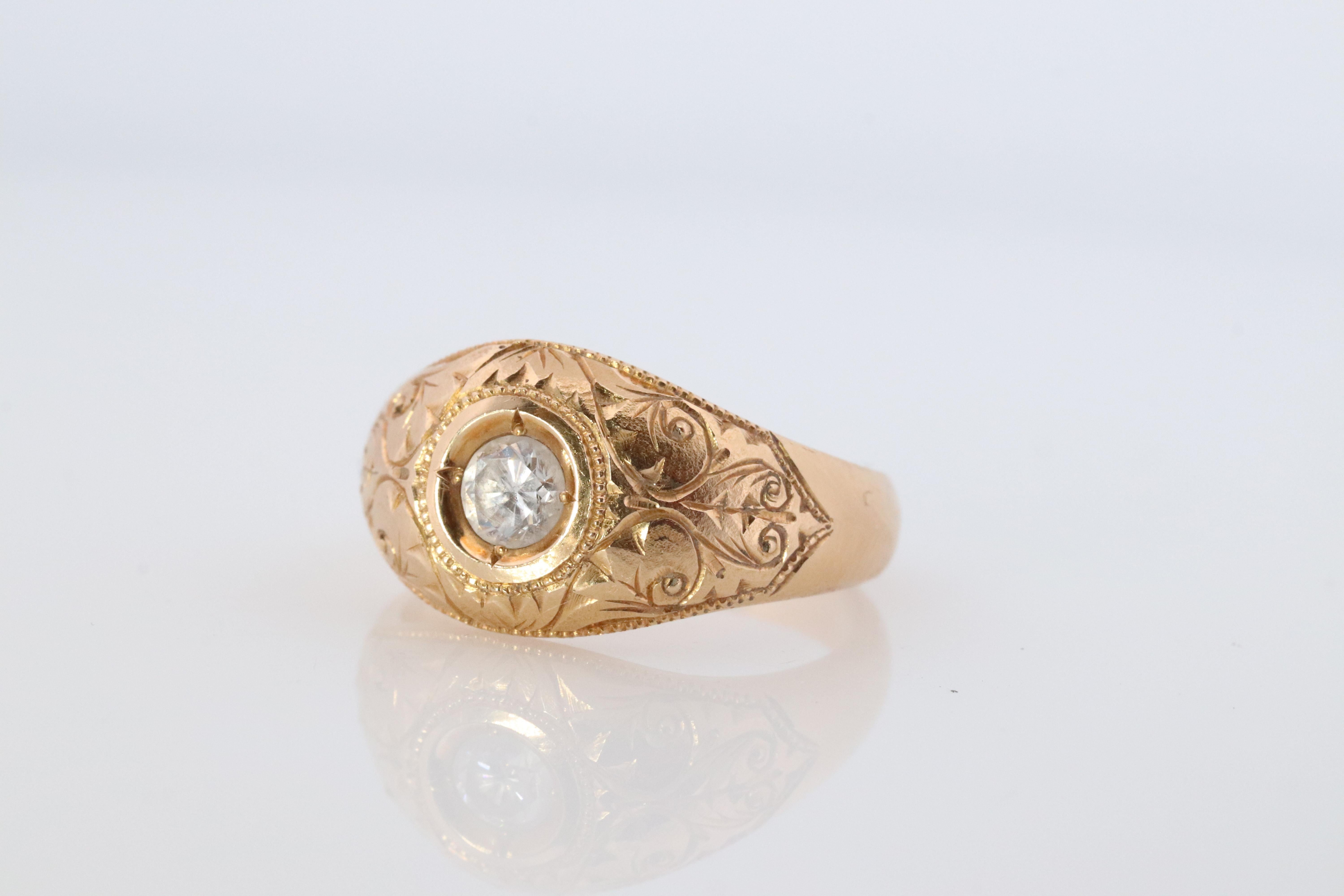 18k runder echter Diamant Solitär-Ring. Verschnörkelte gravierte Lünette Gypsy Shank. (Moderne) im Angebot