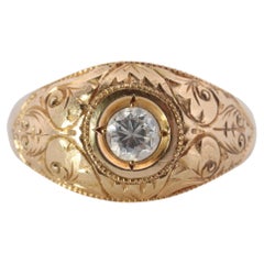 18k Round Genuine Diamond Solitaire Ring. Ornate Engraved Bezel Gypsy Shank.