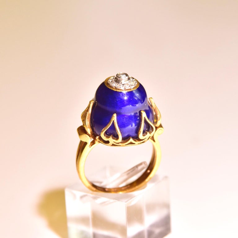 18k Royal Blue Enamel Diamond Cluster Heart Motif Bombe Dome Ring For