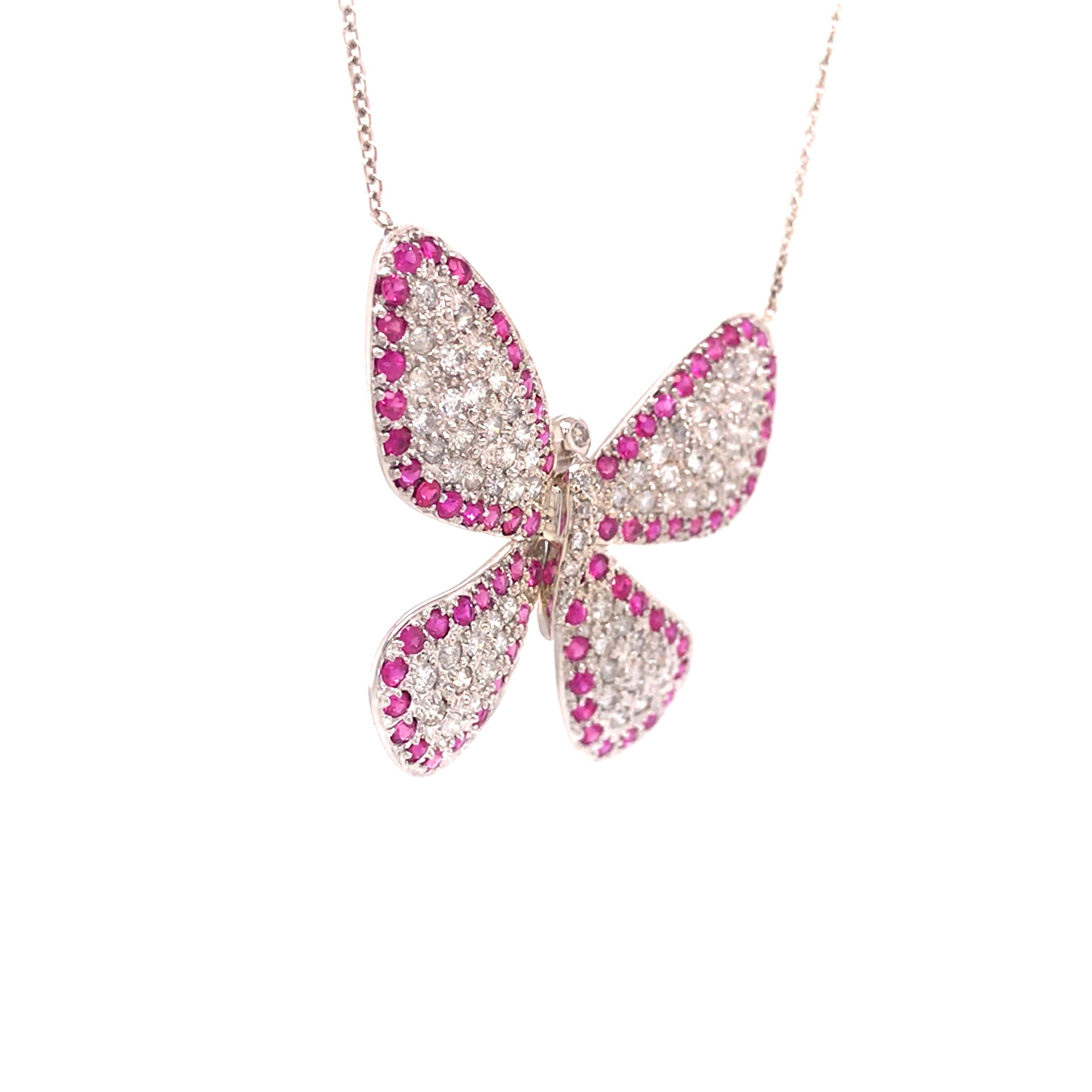 Round Cut 18K Ruby and Diamond Butterfly Pendant Necklace White Gold For Sale