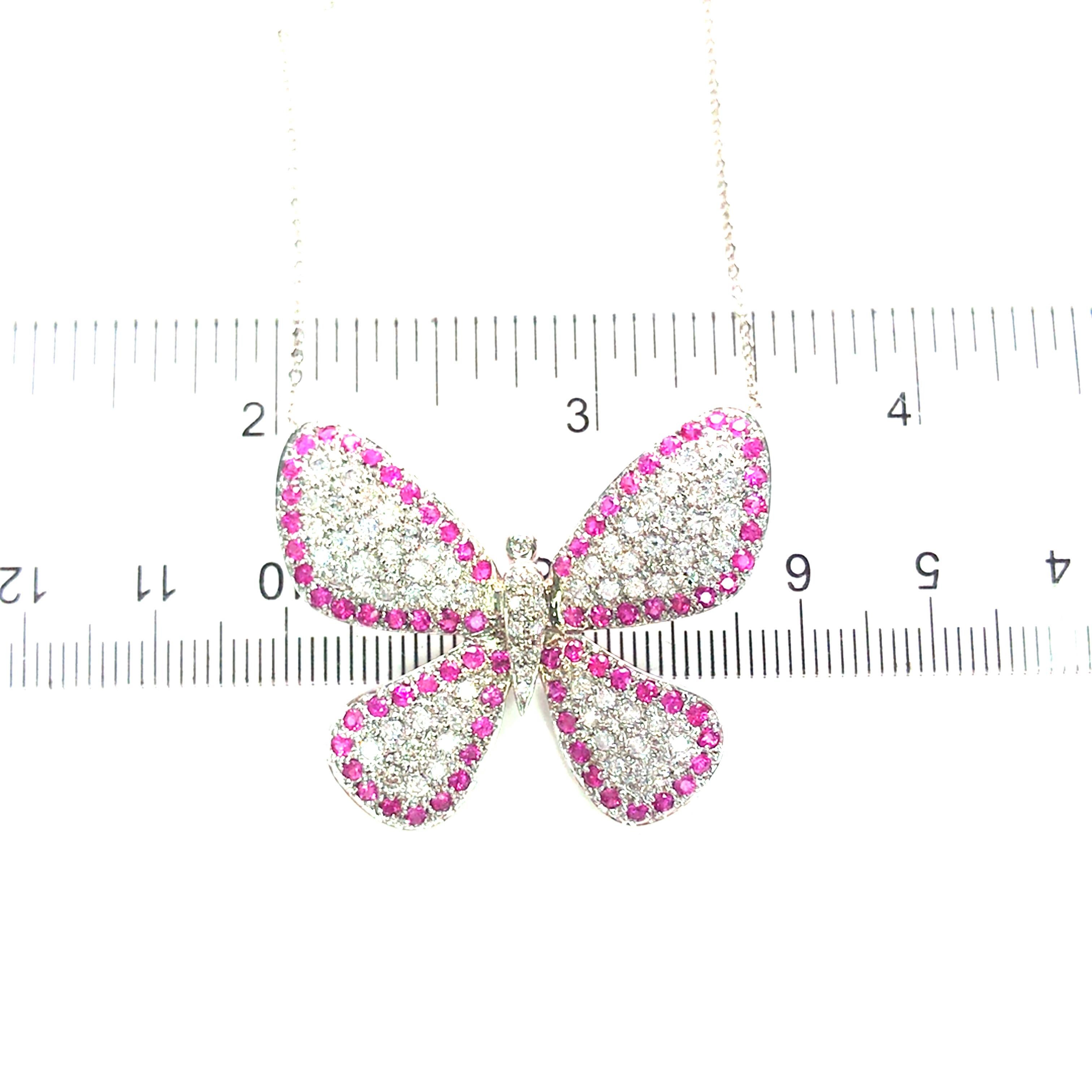 18K Ruby and Diamond Butterfly Pendant Necklace White Gold In Good Condition For Sale In Boca Raton, FL